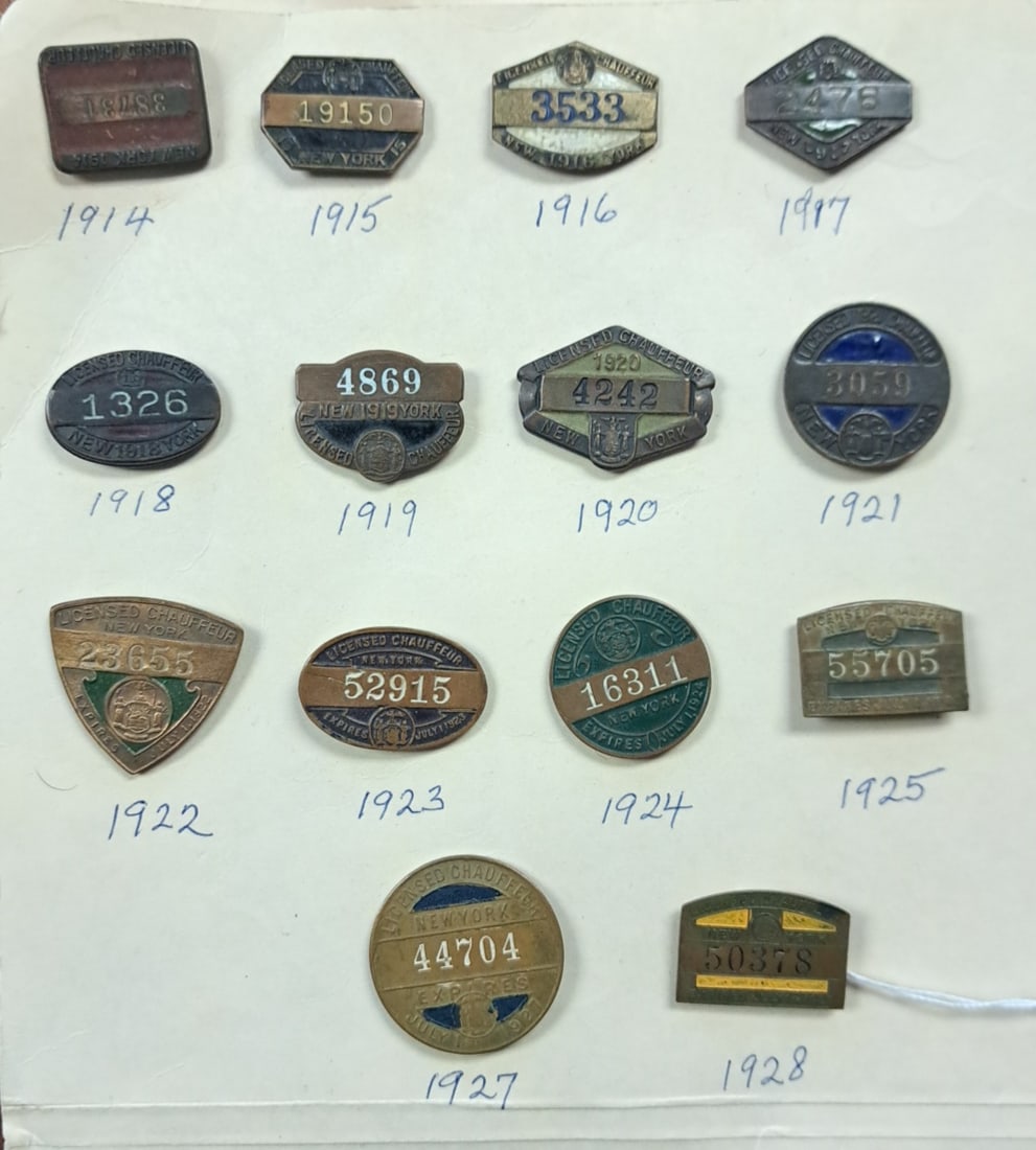 Lot of 14 New York Chauffeur Badges 1914 to 1928: Overall Size of Largest: 1 1/2" wide