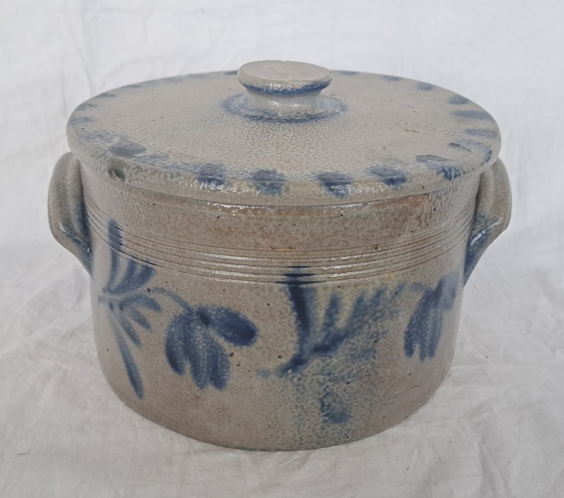Early Two Handled Blue Decorated Stoneware Crock with Lid (1 of 8)