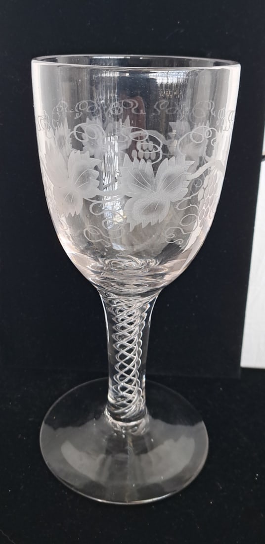 Early Engraved Glass Chalice with Air Twist Stem: 9 5/8" tall 4 1/2" at base.