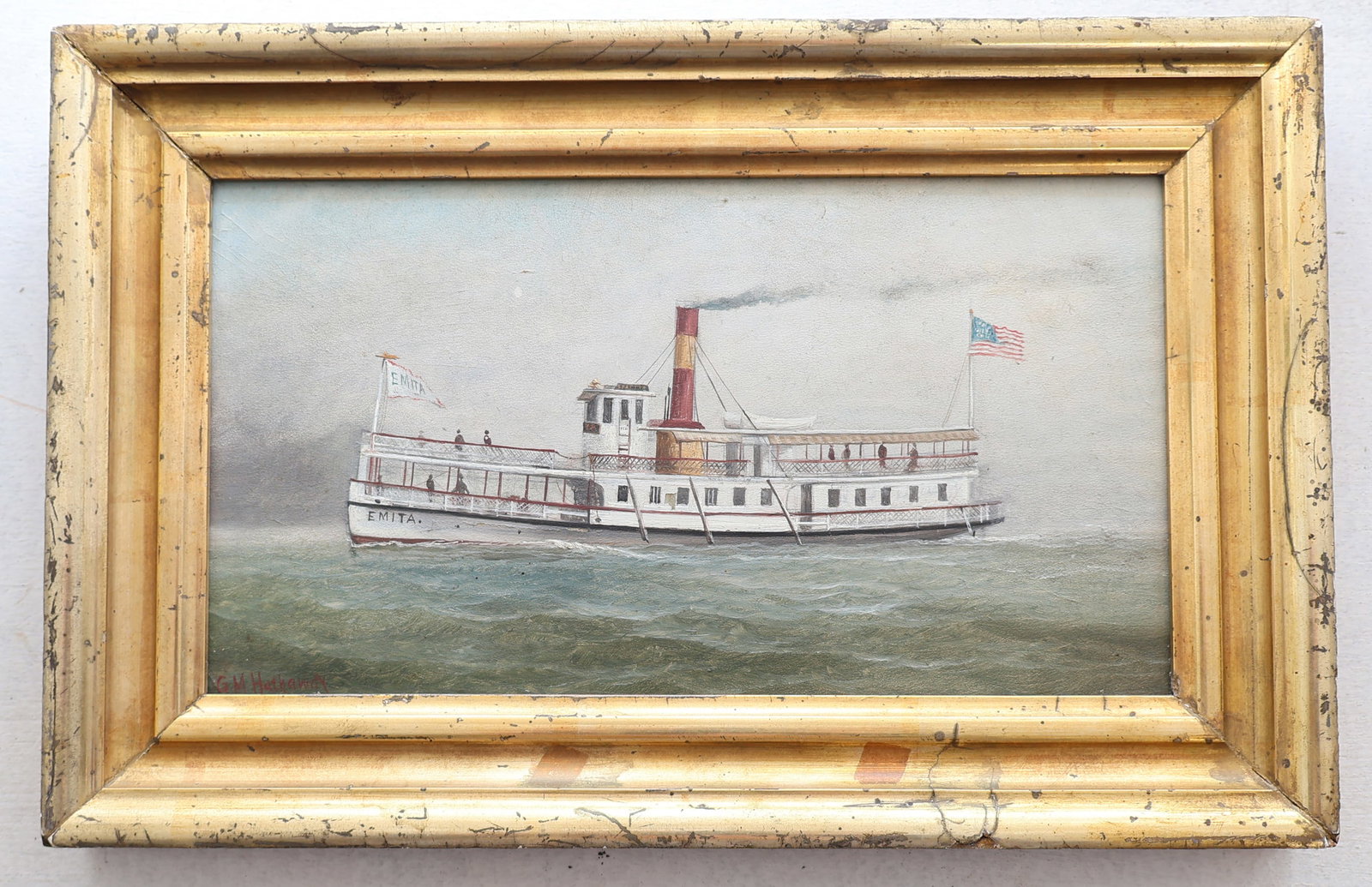 Oil on Board of the Steamship Emita signed G.M. Hathaway (1852- 1903 American): OS: 13" x 8 1/2" x 1" SS: 10" x 5 1/4" Gurley Auction Company provides In House Packing and Shipping and strive to keep costs as reasonable as possible. Please take the time to research
