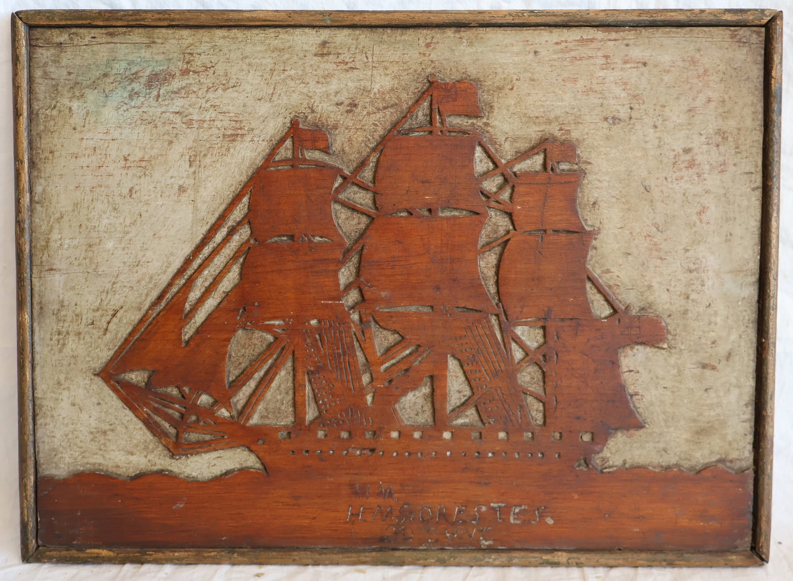 Wooden Relief Carved Ship Diorama of H.M.S. Orestes 30 Guns: 15 3/4" x 11 5/8" Gurley Auction Company provides In House Packing and Shipping and strive to keep costs as reasonable as possible. Please take the time to research the cost of shipping for