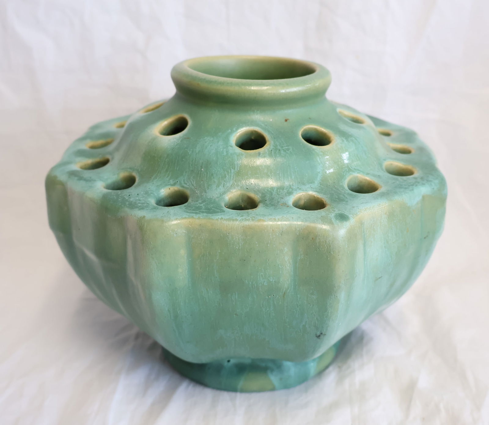 Large Art Pottery Flower Frog Vase: 6" tall x 8" wide Gurley Auction Company provides In House Packing and Shipping and strive to keep costs as reasonable as possible. Please take the time to research the cost of shipping for the items