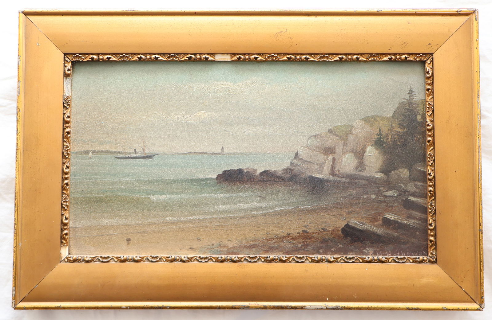 Oil on Board Signed G.W. Hathaway "Ship Cove at Cape Cottage Cape Elizabeth, ME.": Frame: 12 7/8" x 8 1/4" Sight: 9 7/8" x 5 3/8" Gurley Auction Company provides In House Packing and Shipping and strive to keep costs as reasonable as possible. Please take the time to