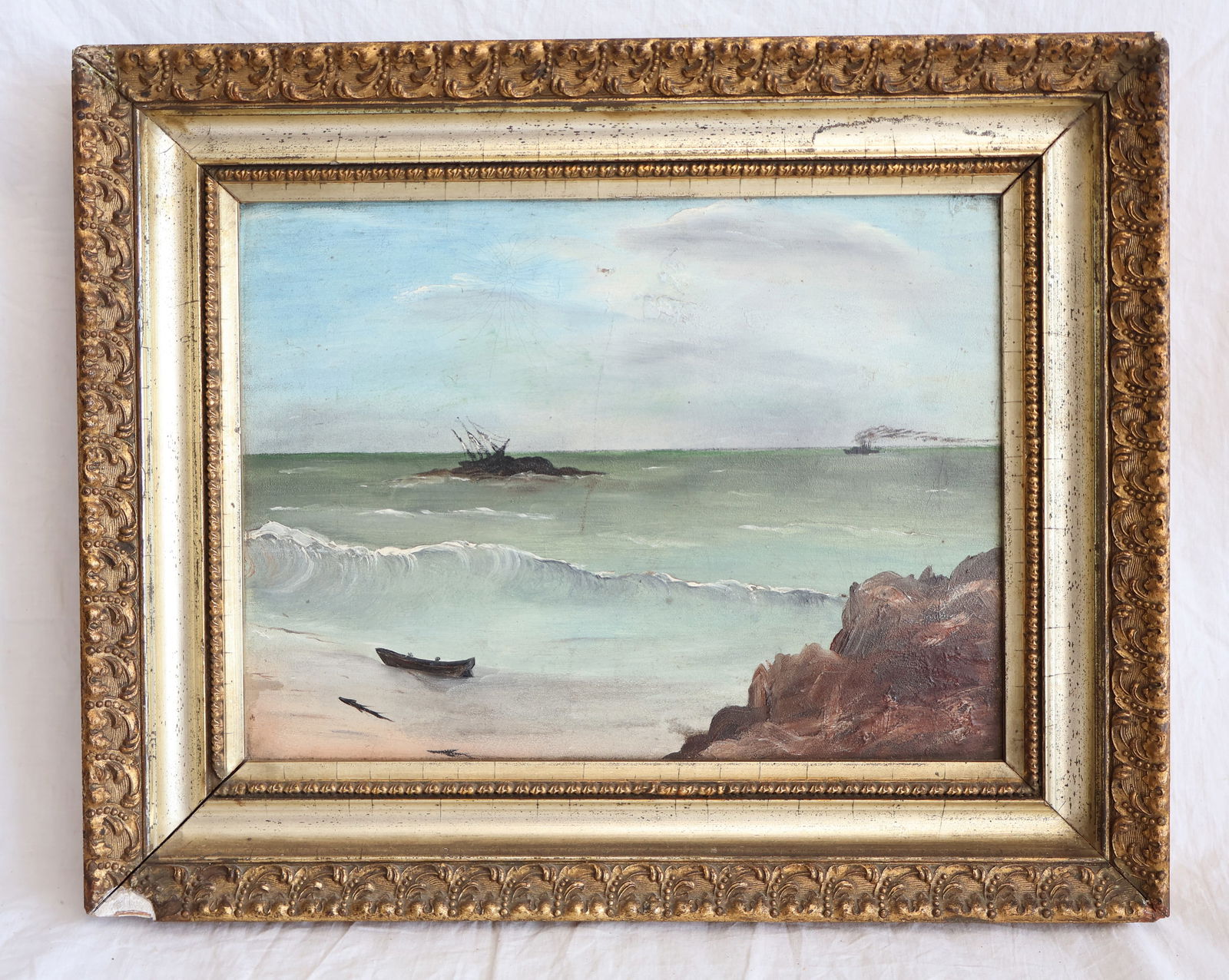 Unsigned Oil on Board of Shipwreck: Frame: 16" x 13" Sight: 11 5/8" x 9 5/8" Gurley Auction Company provides In House Packing and Shipping and strive to keep costs as reasonable as possible. Please take the time to research