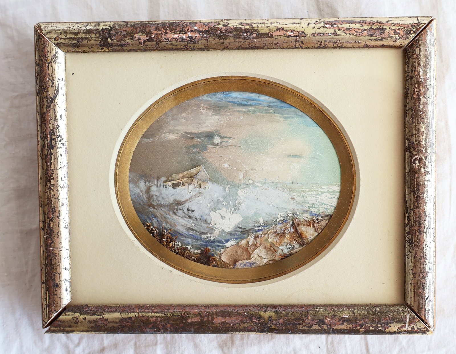 Unsigned Mixed Media Seascape in Lemon Gold Frame (1 of 2)