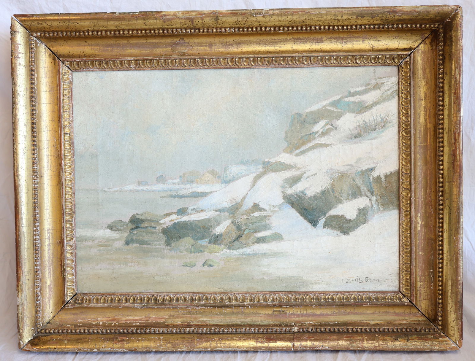 Signed Oil on Canvas of Seascape Winter Scene by Frank Louville Bowie (1857- 1936): Frame: 19 1/4" x 25 1/2" Sight: 13 3/8" x 19 1/2" Gurley Auction Company provides In House Packing and Shipping and strive to keep costs as reasonable as possible. Please take the time to