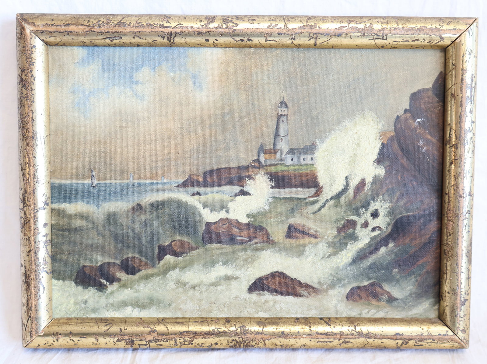 Unsigned Oil on Canvas of Light House Scene in Lemon Gold Frame (1 of 3)