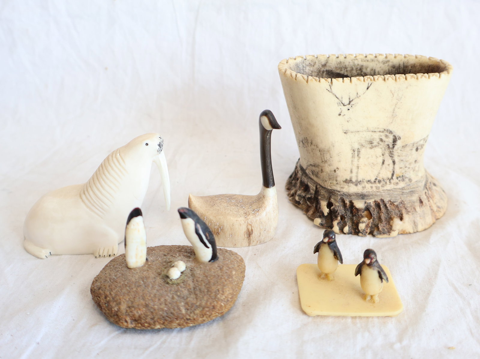 Lot of Native American Bone and Antler Carvings; Including 2 Signed Pieces (1 of 6)