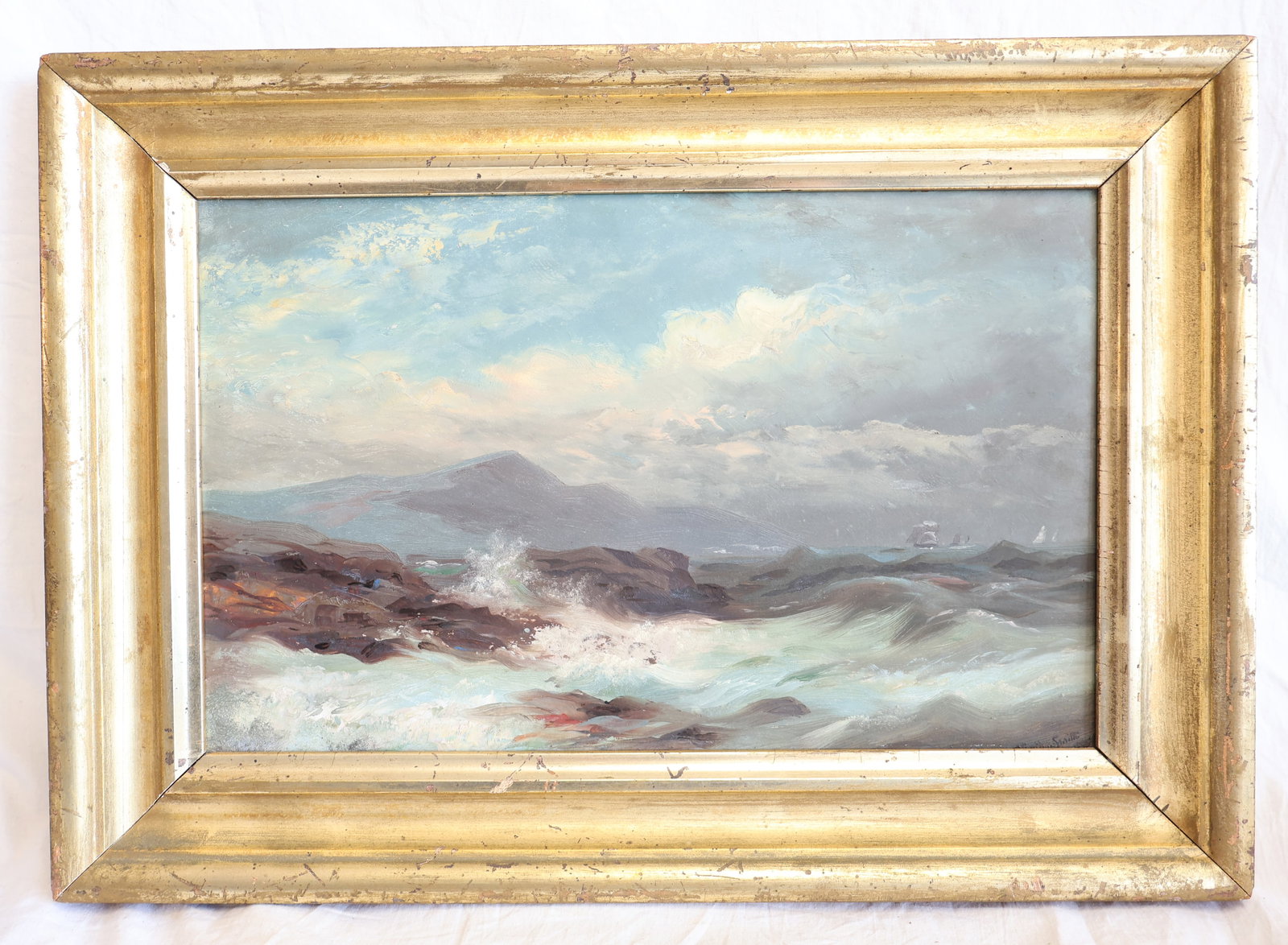 Signed Oil on Board Seascape by Xanthus 1895 Smith in Lemon Gold Frame: Dated: Feb. 8, 1895> Frame: 17 1/2" x 12 1/2" Sight: 13 3/8" x 8 3/8" Gurley Auction Company provides In House Packing and Shipping and strive to keep costs as reasonable as possible. Please take the