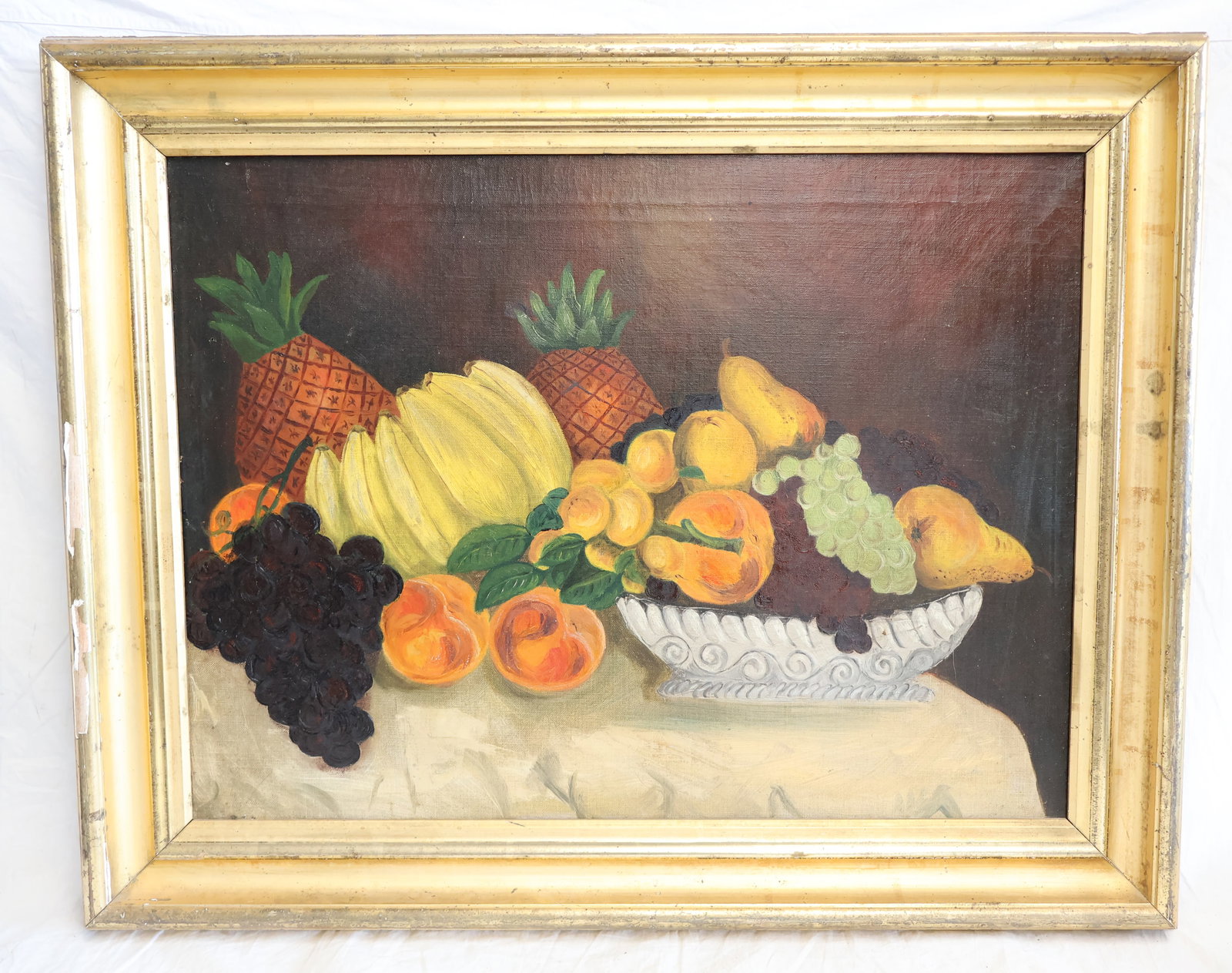 Unsigned Oil on Canvas Still Life of Fruit: Frame: 29 1/4" x 23 1/4" Sight: 23 1/2" x 17 1/2" Gurley Auction Company provides In House Packing and Shipping and strive to keep costs as reasonable as possible. Please take the time to research the
