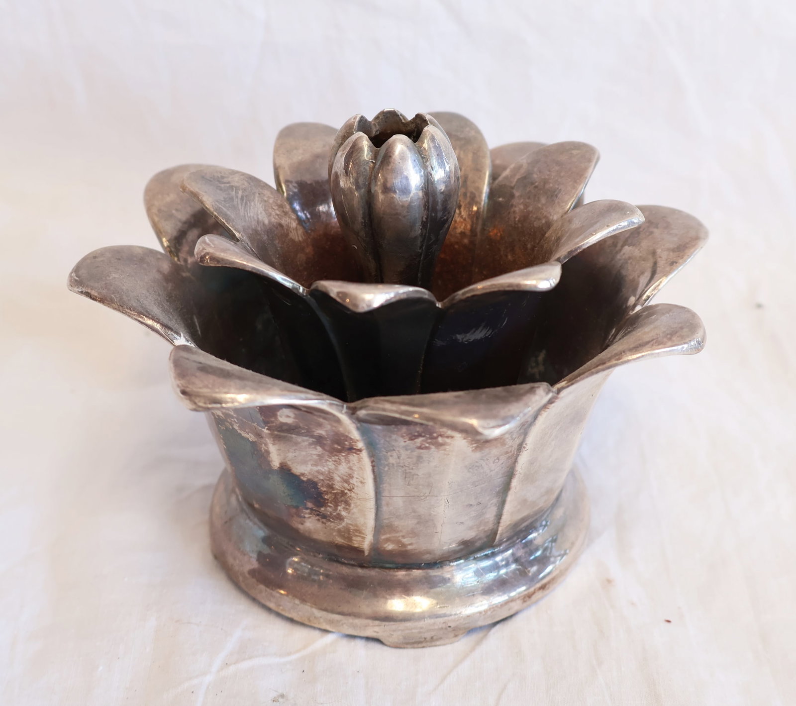 Heavy Silver Plate Flower Frog Shaped Like a Lotus Flower by Wallace: 3 1/2" 5" Gurley Auction Company provides In House Packing and Shipping and strive to keep costs as reasonable as possible. Please take the time to research the cost of shipping for the items that you