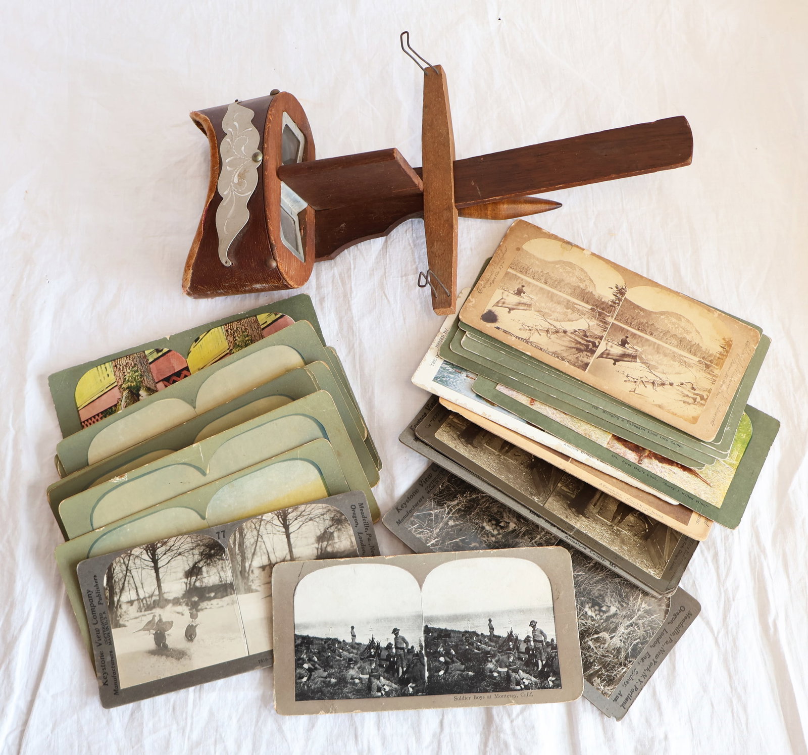 Stereoviewer and 26 Stereo Cards; fishing, hunting, Logging, Soldiers: 13" x 7" x 4" Some by Keystone View, Co. Gurley Auction Company provides In House Packing and Shipping and strive to keep costs as reasonable as possible. Please take the time to research the cost of