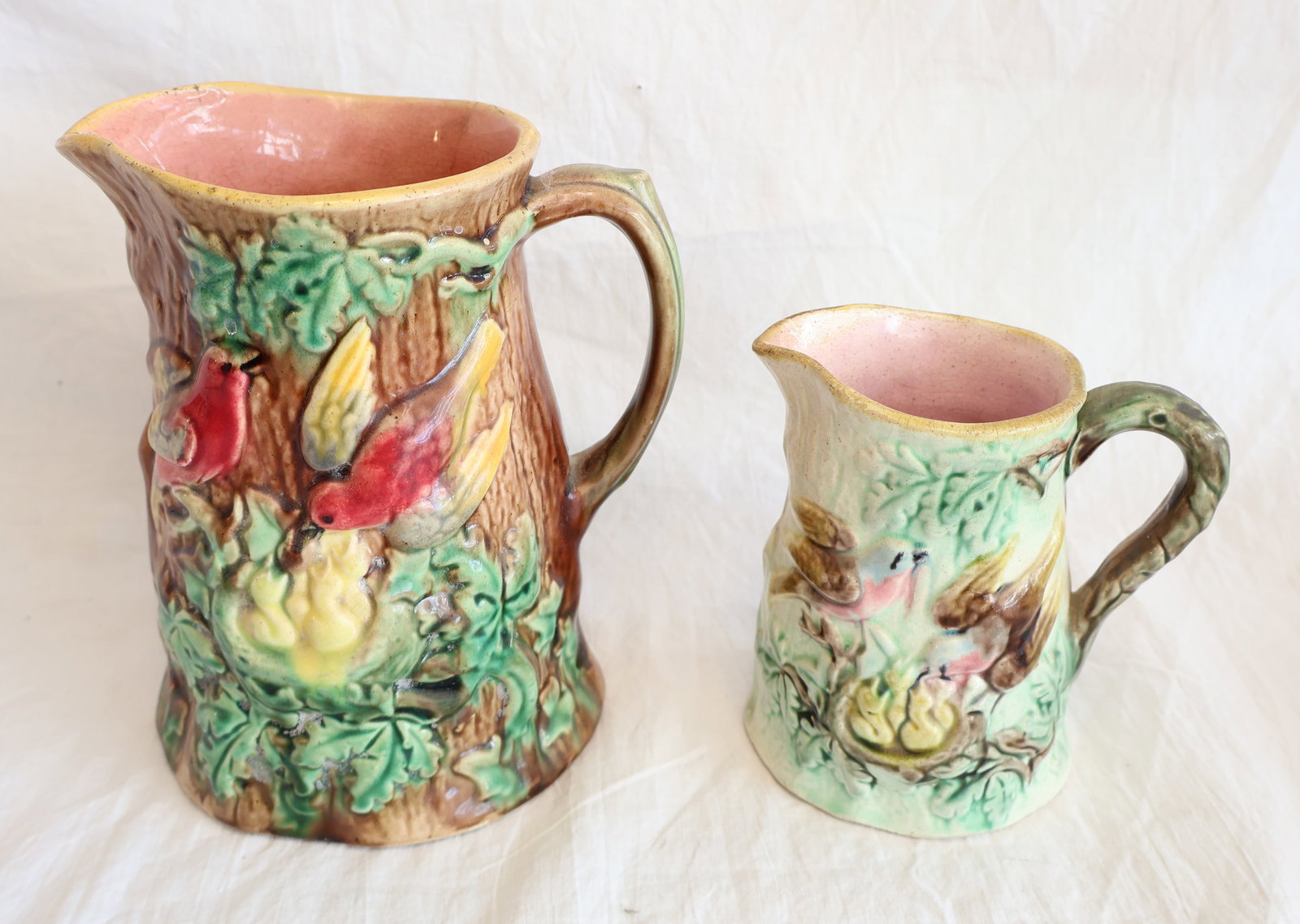 Lot of Two Majolica Pitchers with Bird Decoration (1 of 6)