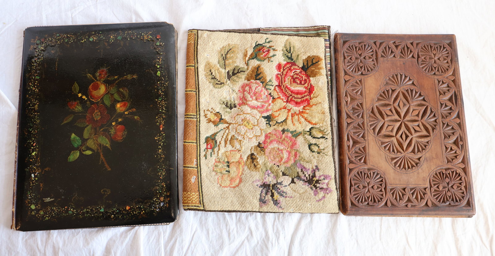 Lot of Three Book Covers; Needlework, Chip Carved, and Inlaid (1 of 5)