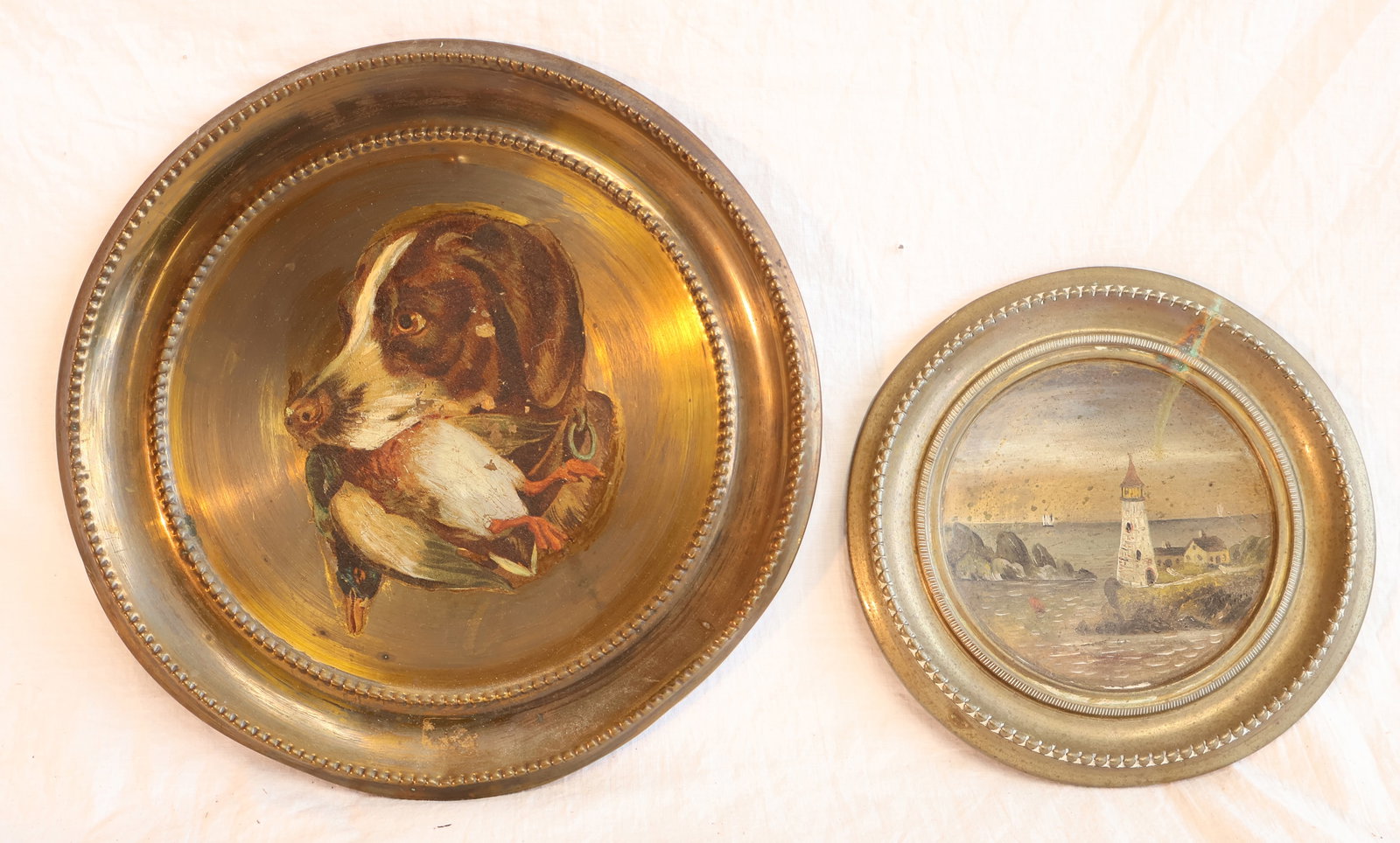 Lot of Two Painted Brass Plaques: Lighthouse: 7" Dog: 10" Gurley Auction Company provides In House Packing and Shipping and strive to keep costs as reasonable as possible. Please take the time to research the cost of shipping for the