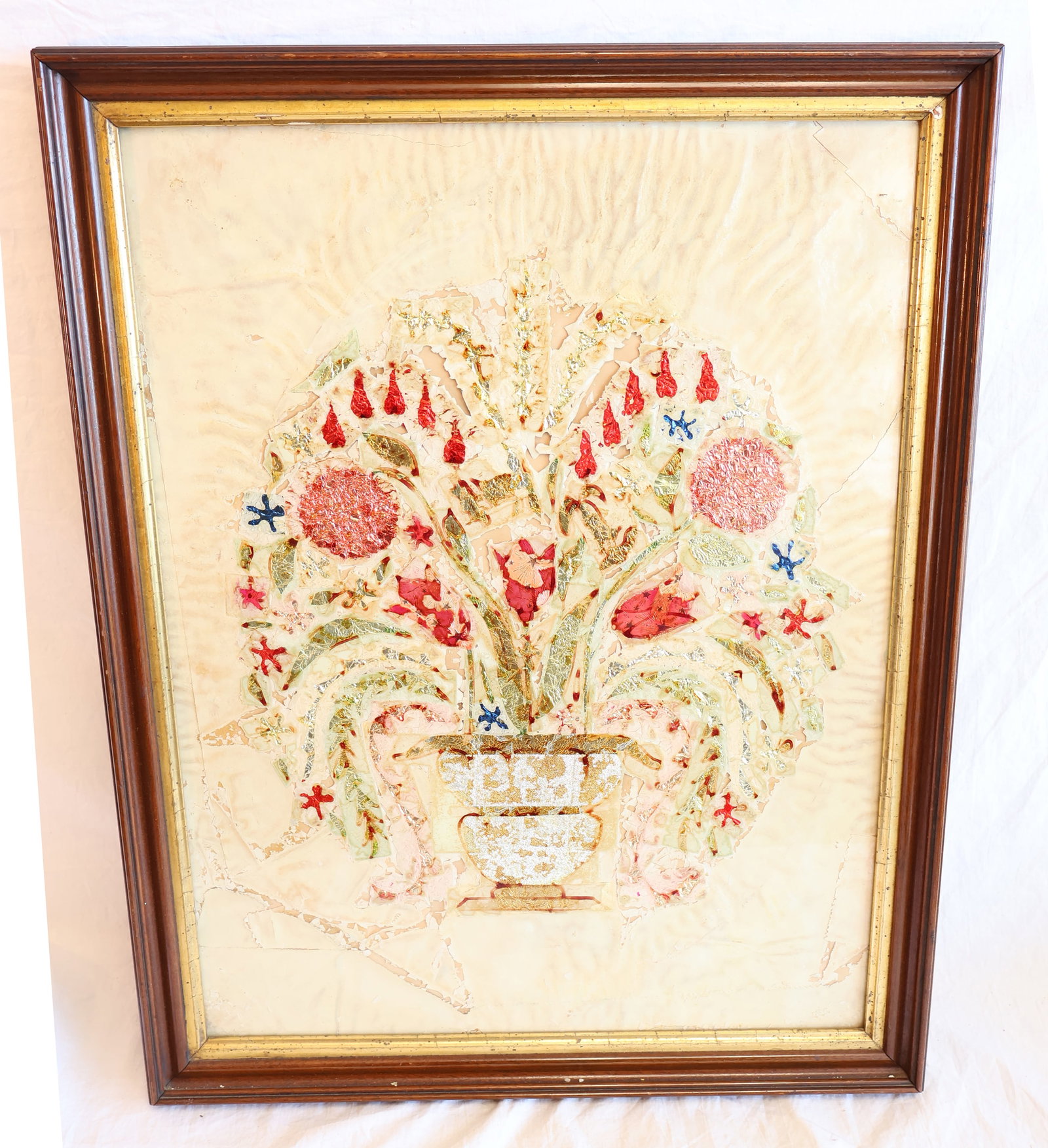 Reverse Glass Tinsel Painting in Walnut Frame (1 of 3)