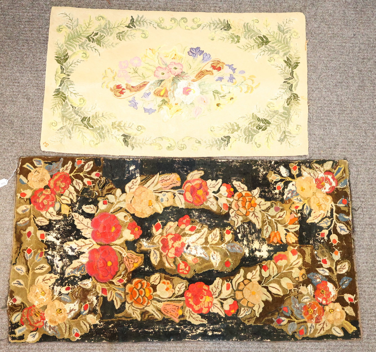 Lot of Two Hooked Rugs: Black: 56" x 30" Tan: 45" x 27" Gurley Auction Company provides In House Packing and Shipping and strive to keep costs as reasonable as possible. Please take the time to research the cost of shipping