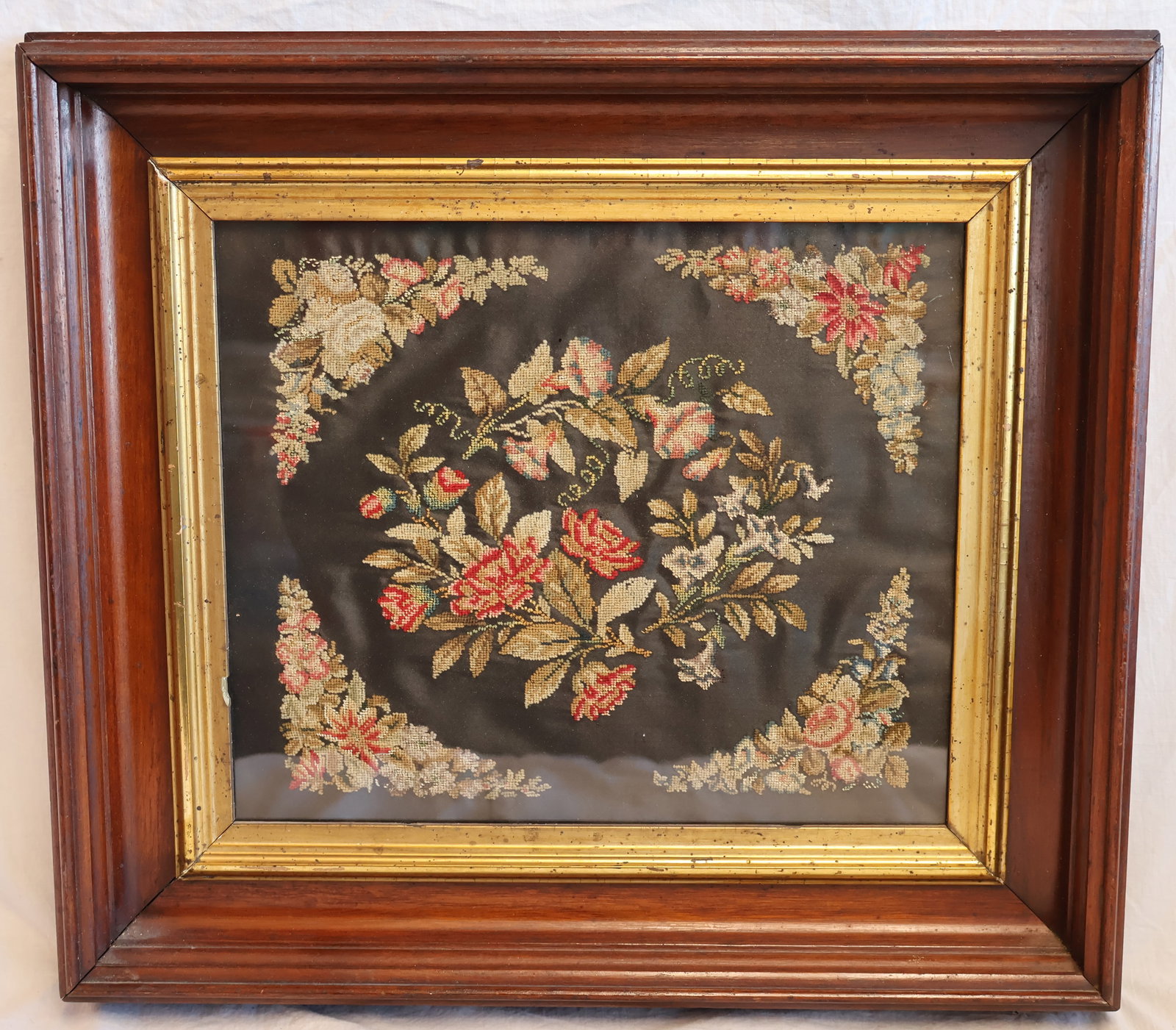 Needle Work on Silk in Deep Walnut Frame (1 of 3)