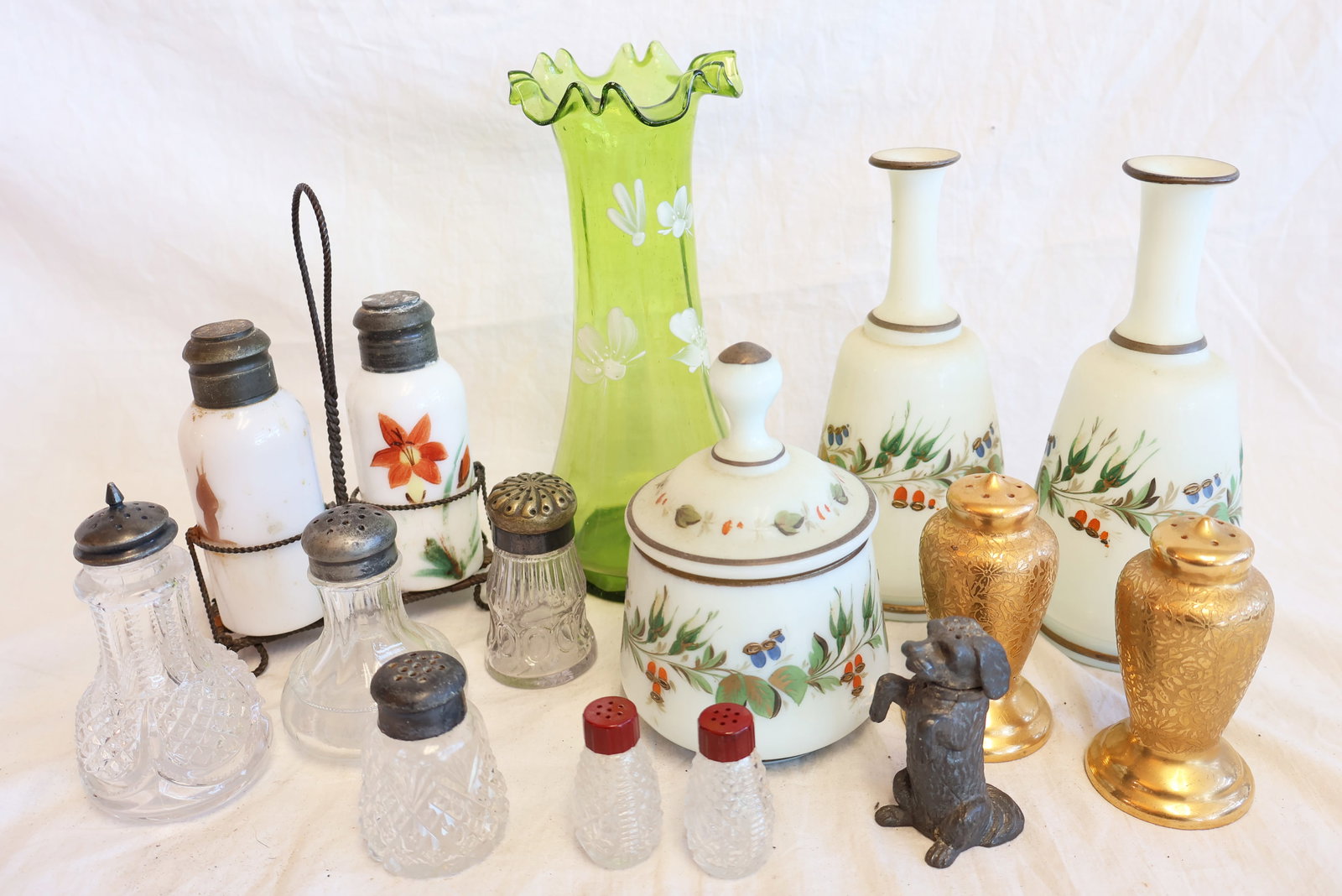 Lot of Salt and Pepper Shakers with Bristol Glass, Vases, and Figural Dog Shaker (1 of 5)