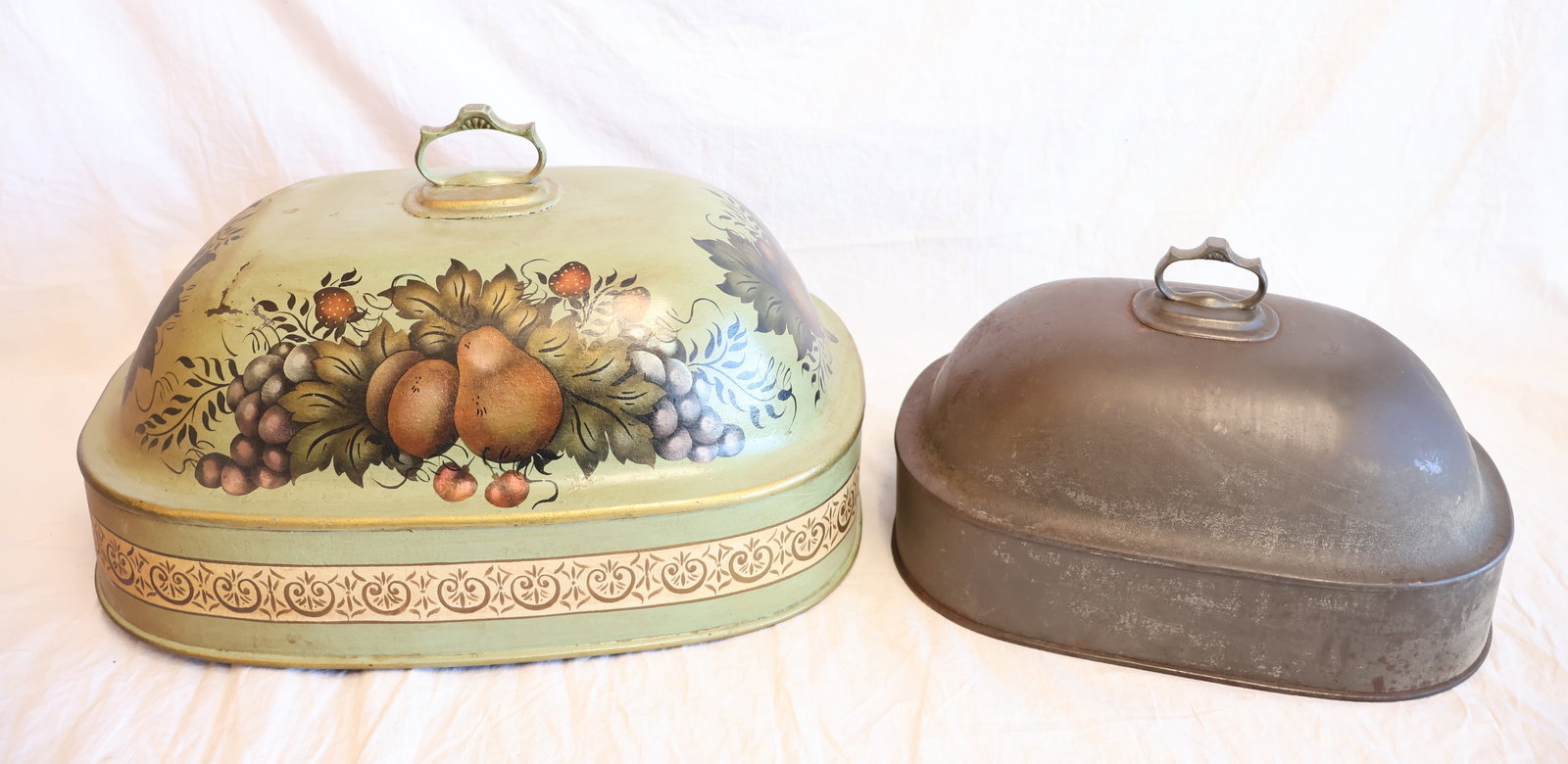 Lot of Two Meat Domes: Tin: 8" x 11 1/2" x 8" Paint Decorated: 9 1/2" x 12" x 16" Gurley Auction Company provides In House Packing and Shipping and strive to keep costs as reasonable as possible. Please take the time to res