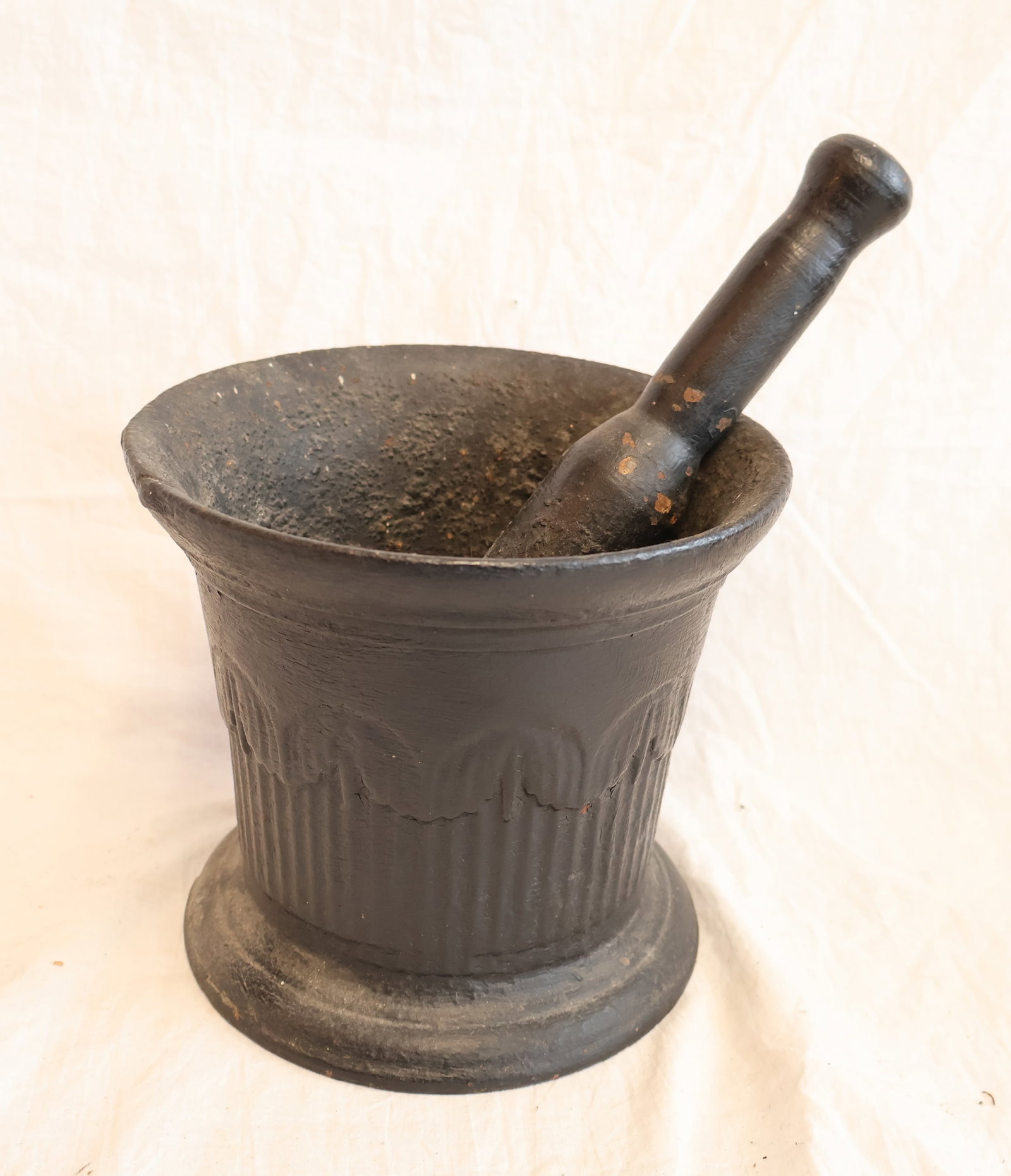 Cast Iron Mortar & Pestle: Mortar: 6" x 7" at top Pestle: 9 1/2" Gurley Auction Company provides In House Packing and Shipping and strive to keep costs as reasonable as possible. Please take the time to research the cost of shi