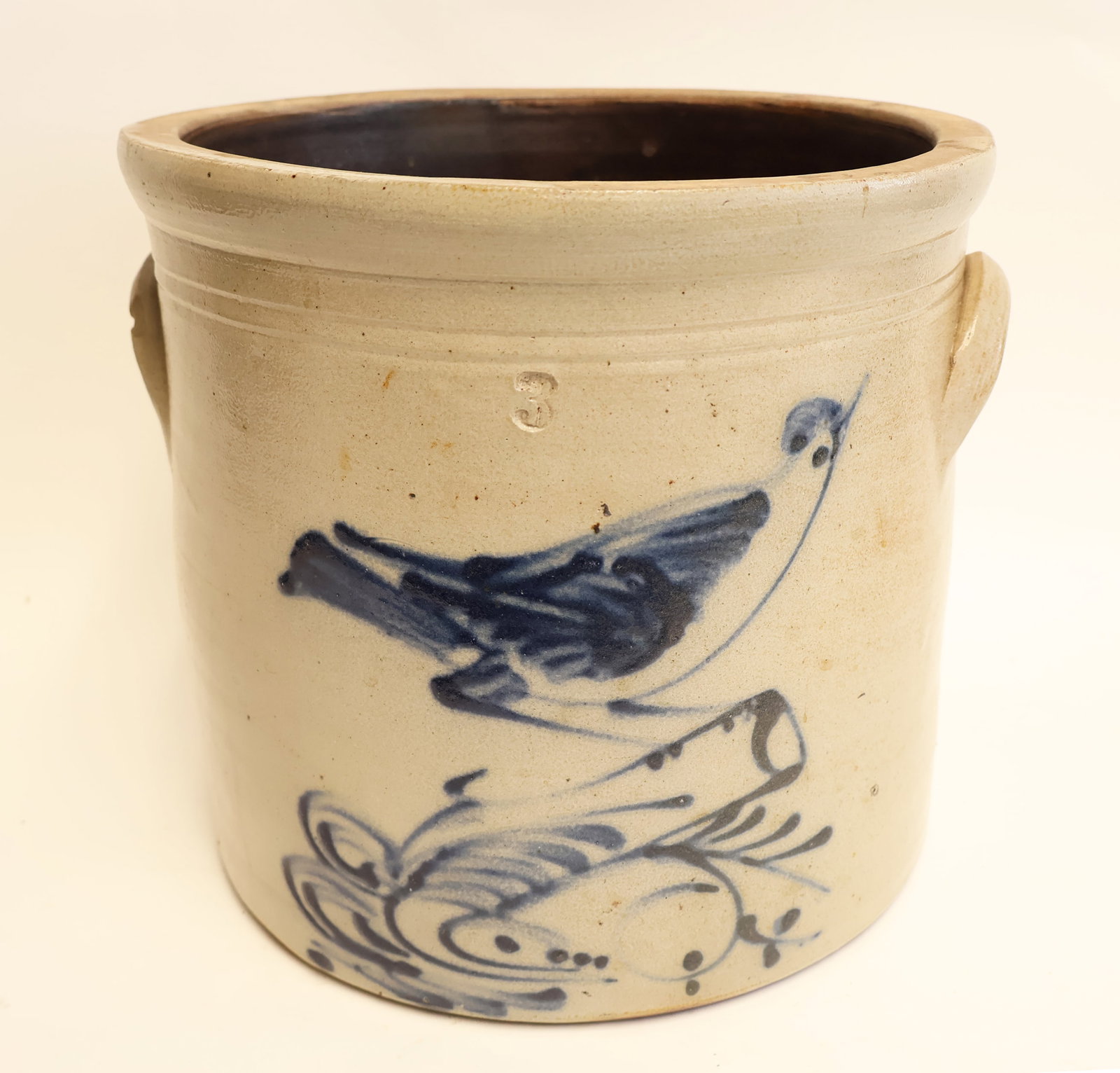 Early Three-Gallon Stoneware Crock with Bird Decoration: 10" x 11" wide Some Items can not be shipped and may only be picked up in person. This item is a PICK UP ONLY. Pick up is available every day from 10am to 5pm. Gurley Antiques Gallery is located at 58
