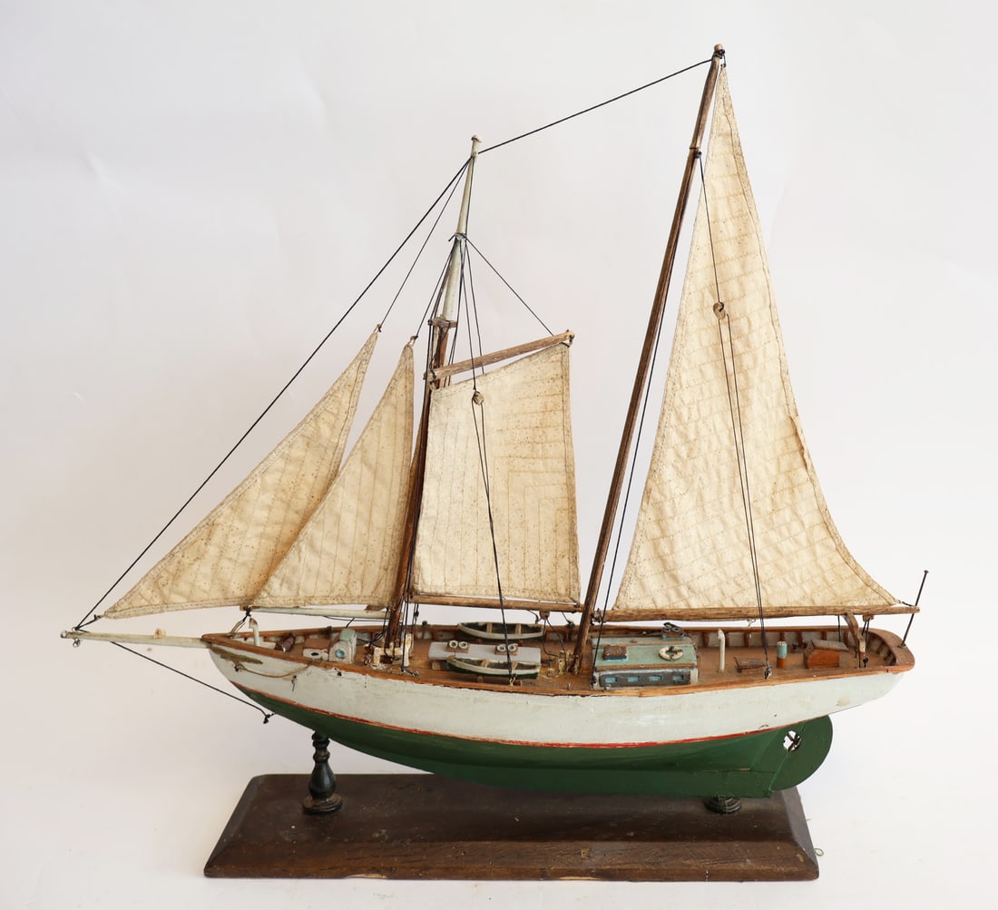 Wooden Sailboat Model: 16" x 16" x 3 1/2" PICK UP ONLY. WE WILL NOT SHIP THIS ITEM. Pick up is available every day from 10am to 5pm. Gurley Antiques Gallery is located at 581 U.S. Route 1 in Scarborough, Maine. We expect pi