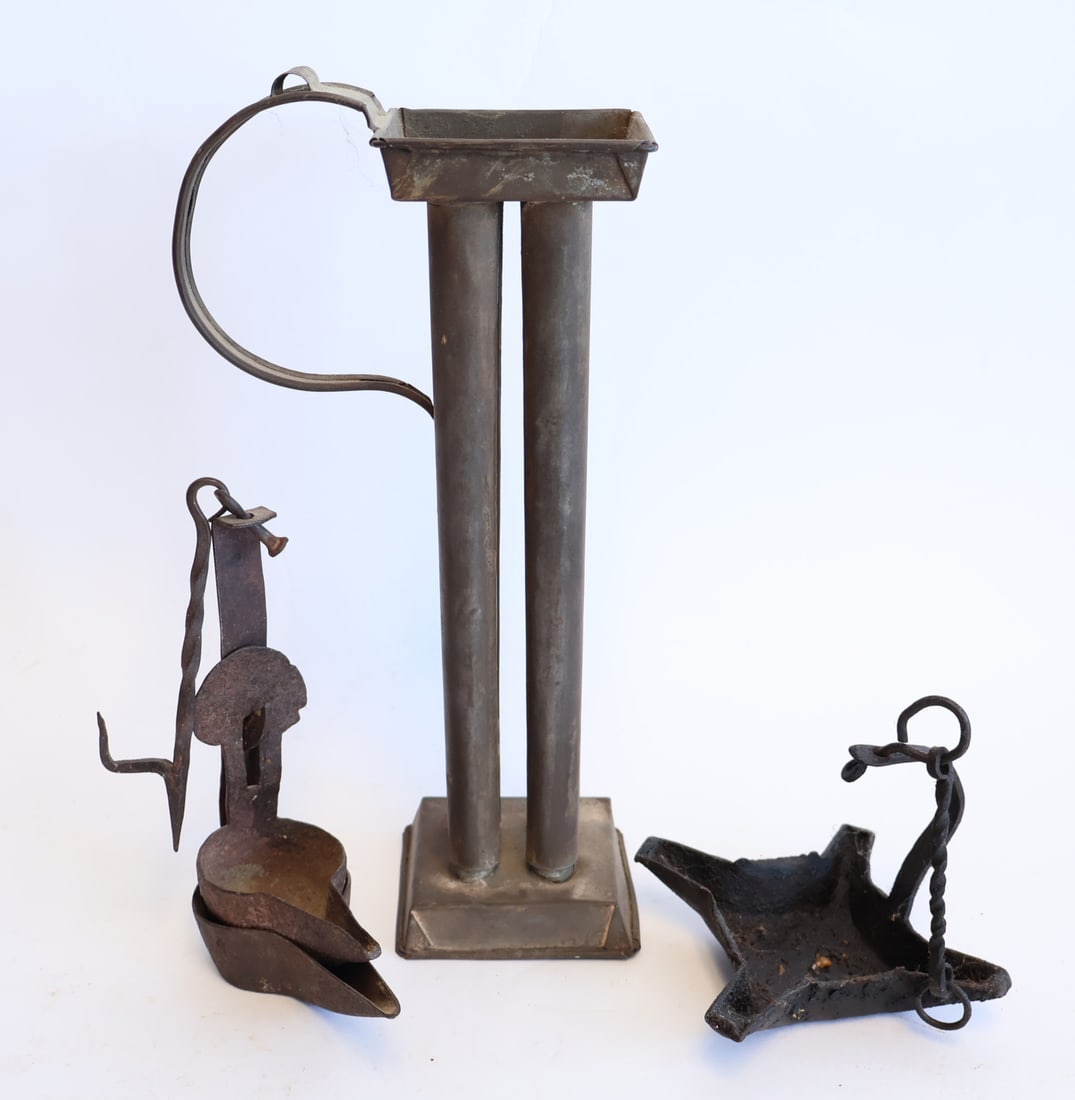 Lot of Early Lighting Pieces: Three Betty Lamps and a Candle Mold (1 of 4)