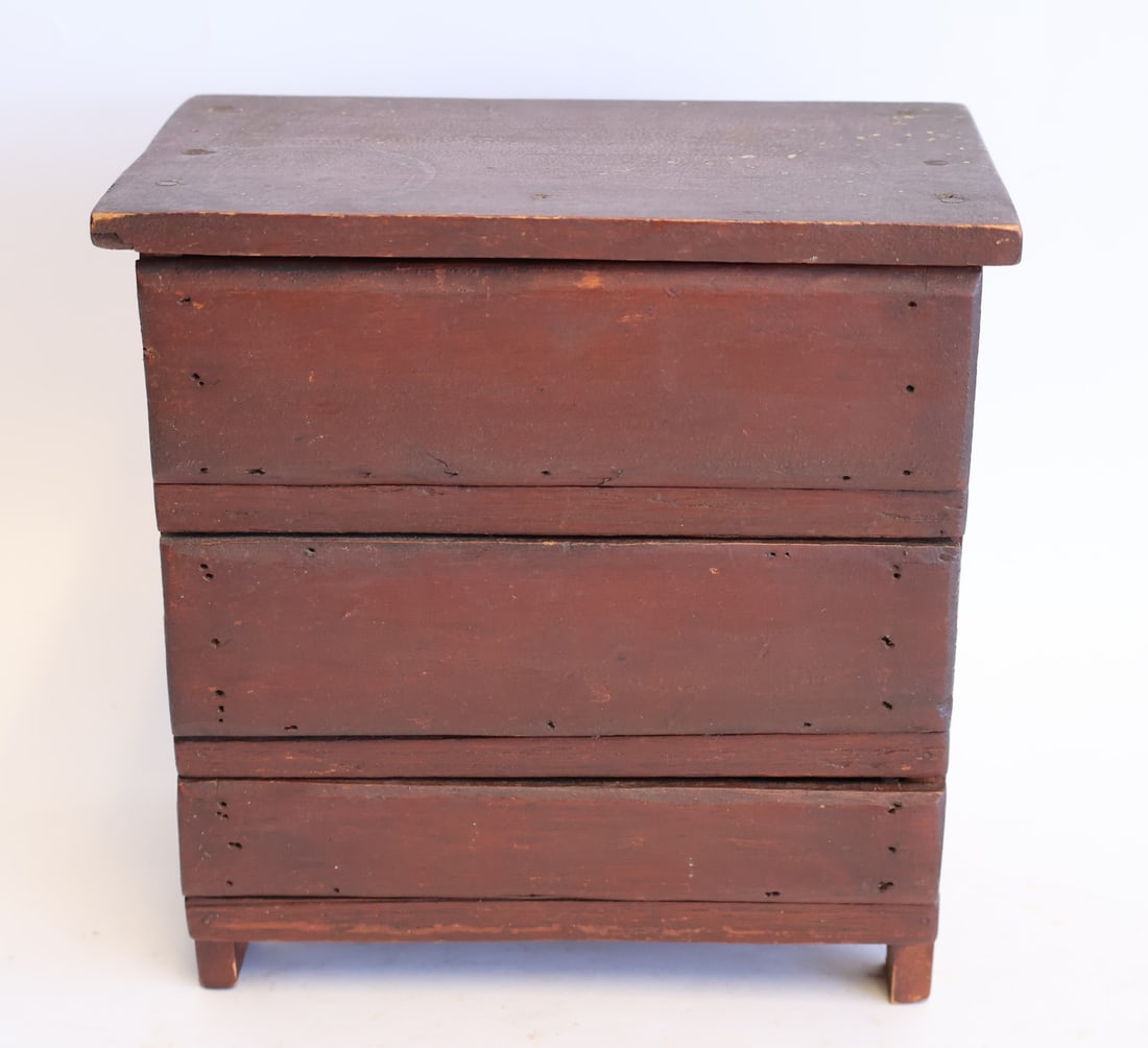 Miniature Chest in Red Paint signed New Sharon, Maine: 8" x 7" x 4 1/2" Gurley Auction Company provides IN HOUSE PACKING AND SHIPPING and we strive to keep costs as reasonable as possible. Please take the time to research the cost of shipping for the item