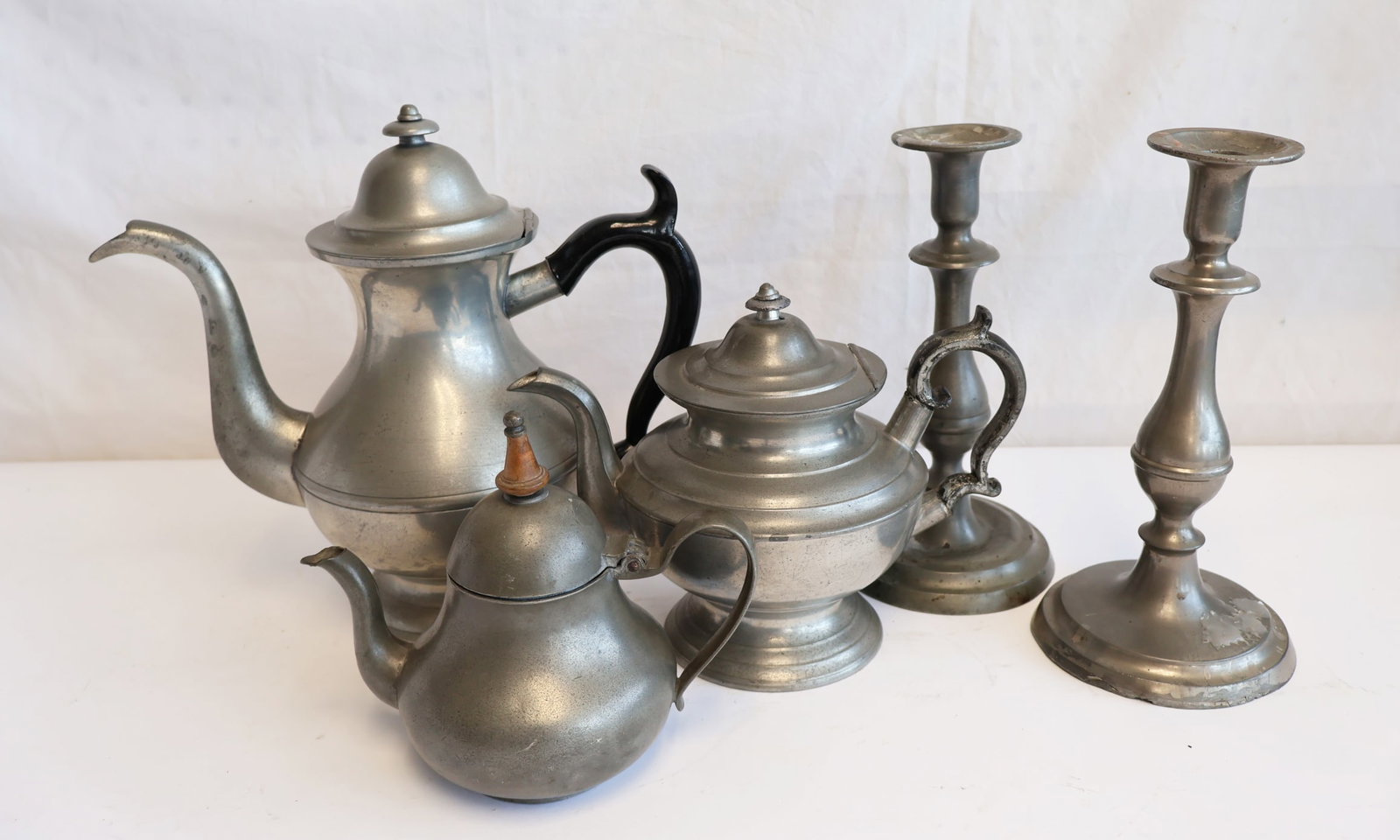 Lot of Three Pewter Tea Pots and One Pair of Pewter Candlesticks (1 of 7)