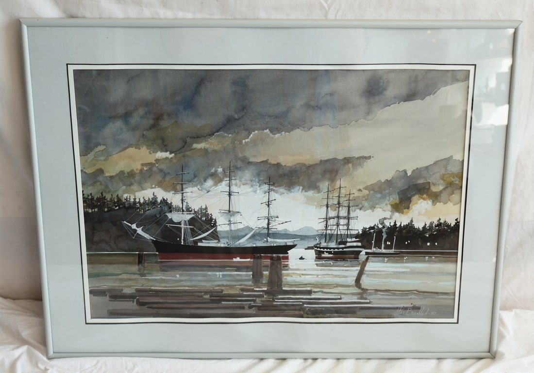 Large Watercolor of Harbor Scene: Gurley Auction Company provides IN HOUSE PACKING AND SHIPPING and we strive to keep costs as reasonable as possible. Please take the time to research the cost of shipping for the items that you are in