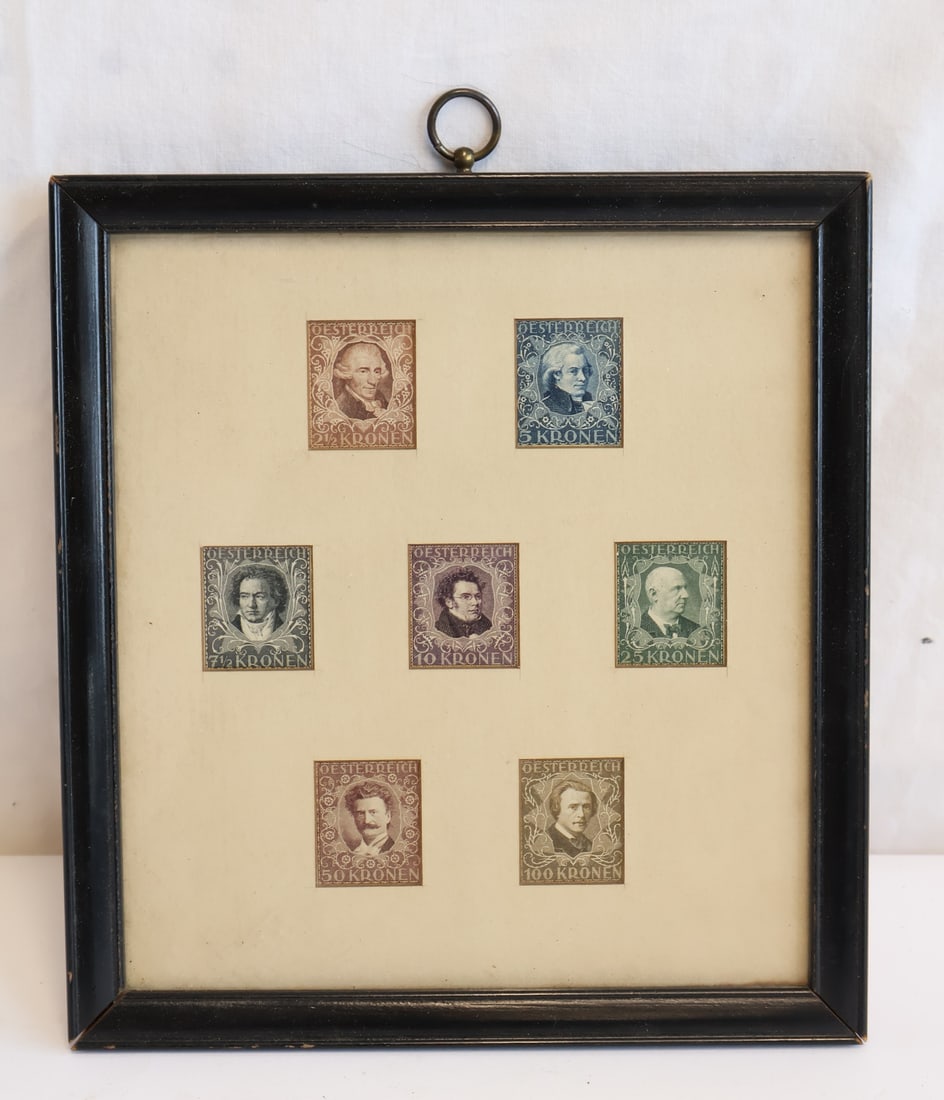 Lot of Framed Postal Stamps depicting Austrian Composers: Each Stamp Approximateley 1 1/8" x 1" Overall size: 8 1/2" x 7 1/2" Gurley Auction Company provides IN HOUSE PACKING AND SHIPPING and we strive to keep costs as reasonable as possible. Please take the