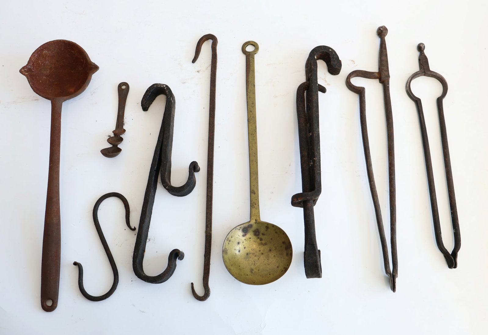 Lot of Miscellaneous Wrought Iron Tools, fireplace Tongs, and Spoons (1 of 3)