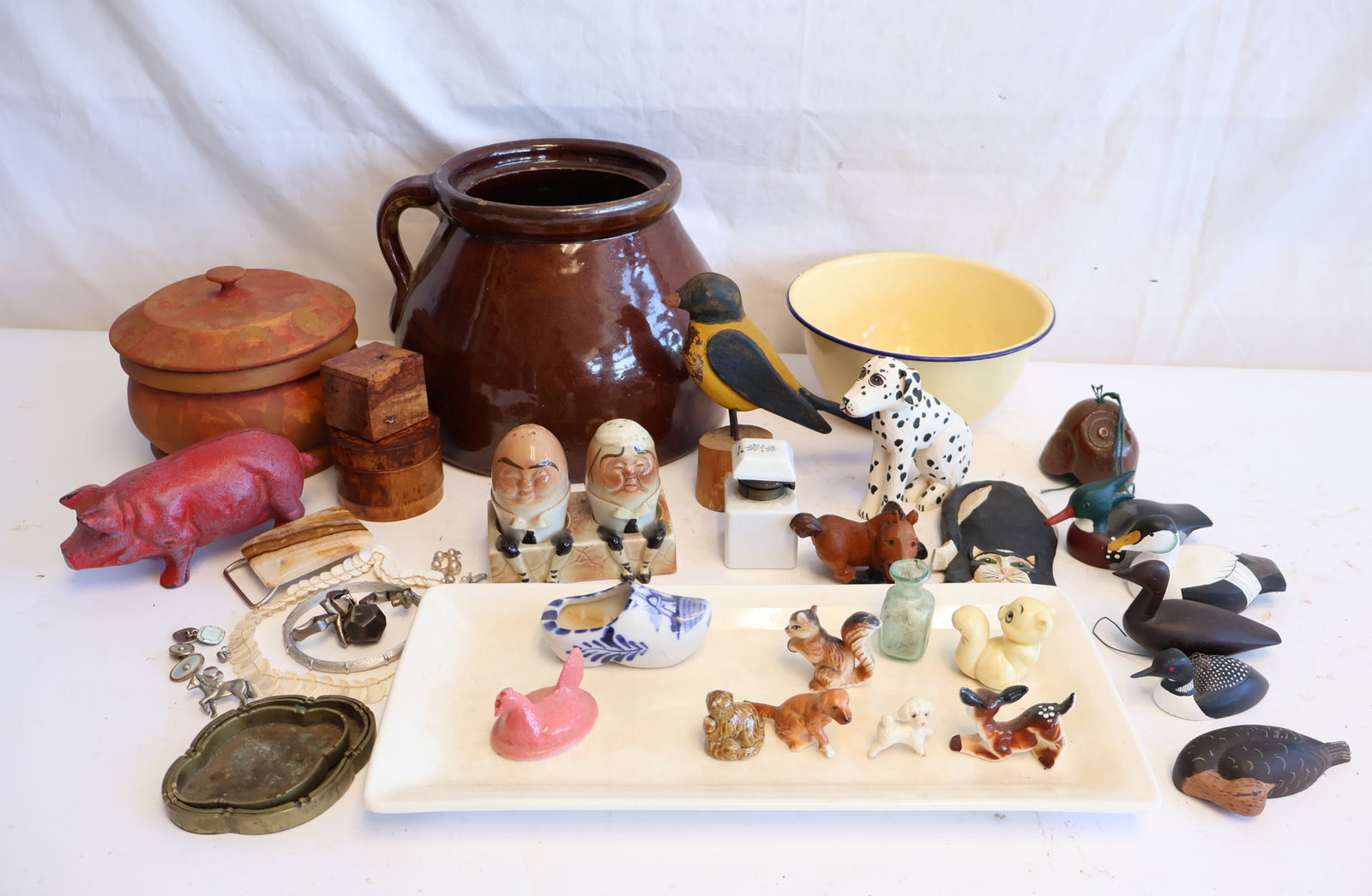 Miscellaneous Lot- including: Stoneware Bean Pot, Wooden Boxes, & Figurines (1 of 6)