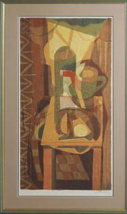 Teacup, De Ferrante Mario (Italian/American): lithograph 31 x 18 in, framed: 39 x 24 in. Mario de Ferrante (Italian/American, 1898-1992). Studied with Antonio Mancini in Italy before coming to the United States in 1922. He was one of the original
