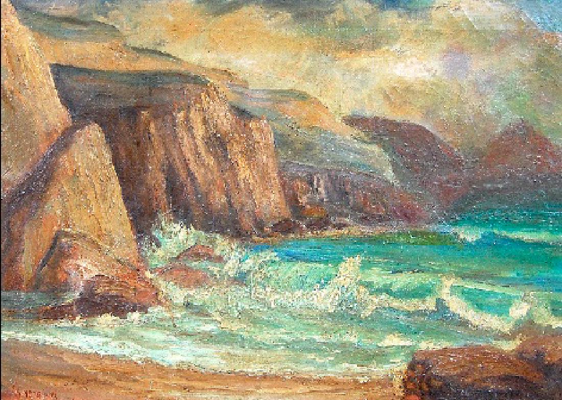 Merriam James (Canadian 1880-1951); Seascape: Merriam James (Canadian 1880-1951); oil on canvas; 21 x 29 in; framed: 29 x 37.5 in; JAMES MERRIAM (1880-1951) was born in Chatham, Ontario, Canada on March 18, 1880. He studied art with Francis Petru