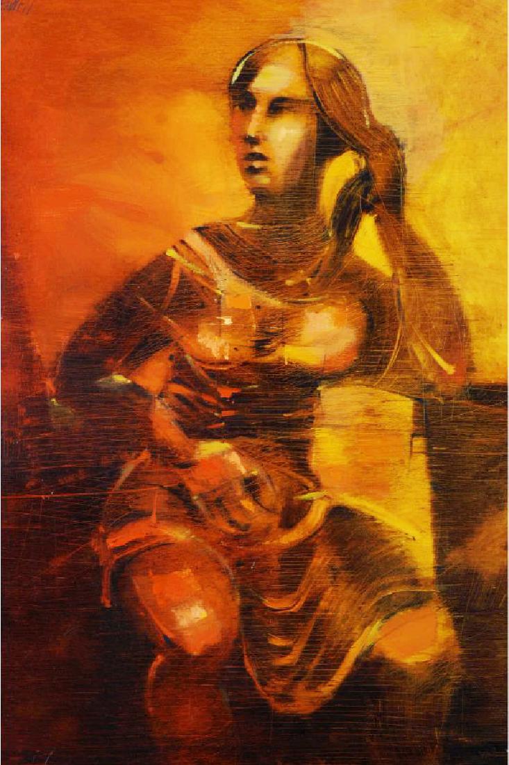 Maxwell Paul (American 1925-): Maxwell Paul (American 1925-); Portrait of a Woman in Red, Orange and Brown; oil on linen; Framed: 42.5 x 33.5 in; B. 1925 - Not only had artist Paul Maxwell established himself as an artist of nation