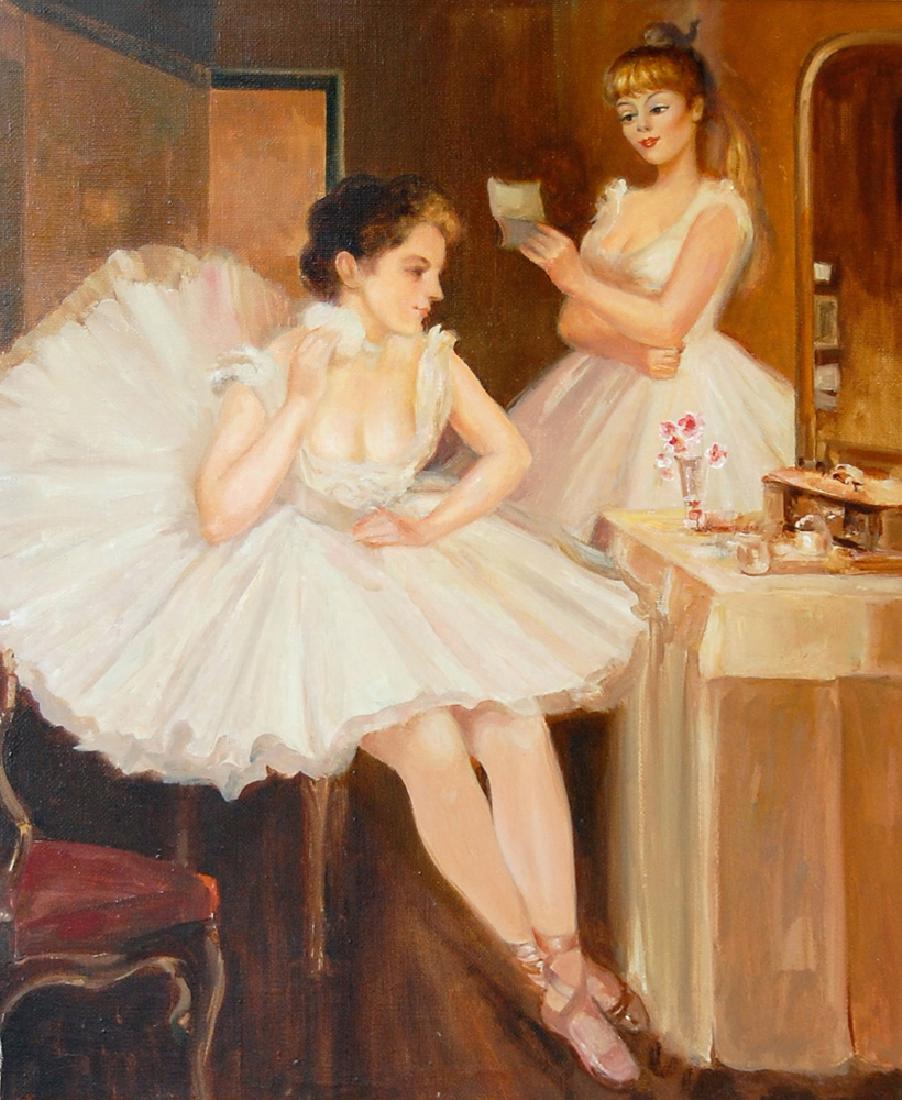 Manner of Marcel Dyf -French Ballerinas: oil on canvas 24.5 x 20.5 in Framed; 34 x 30 in