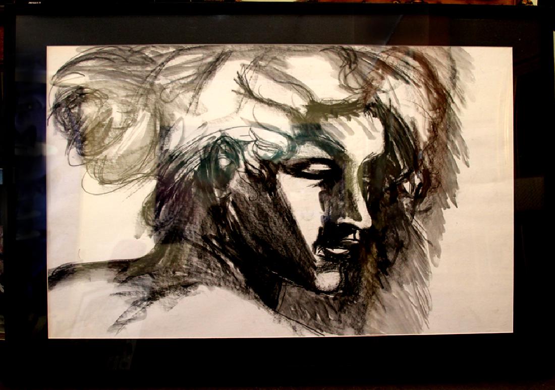 John Boyce; Self-portrait; 22 x 35 in; framed: 28 x 41: Born in 1938, John Boyce developed an interest in painting as a young boy. On leaving school, he began an apprenticeship in Devon port dockyard, then went on to engineering career. This background now