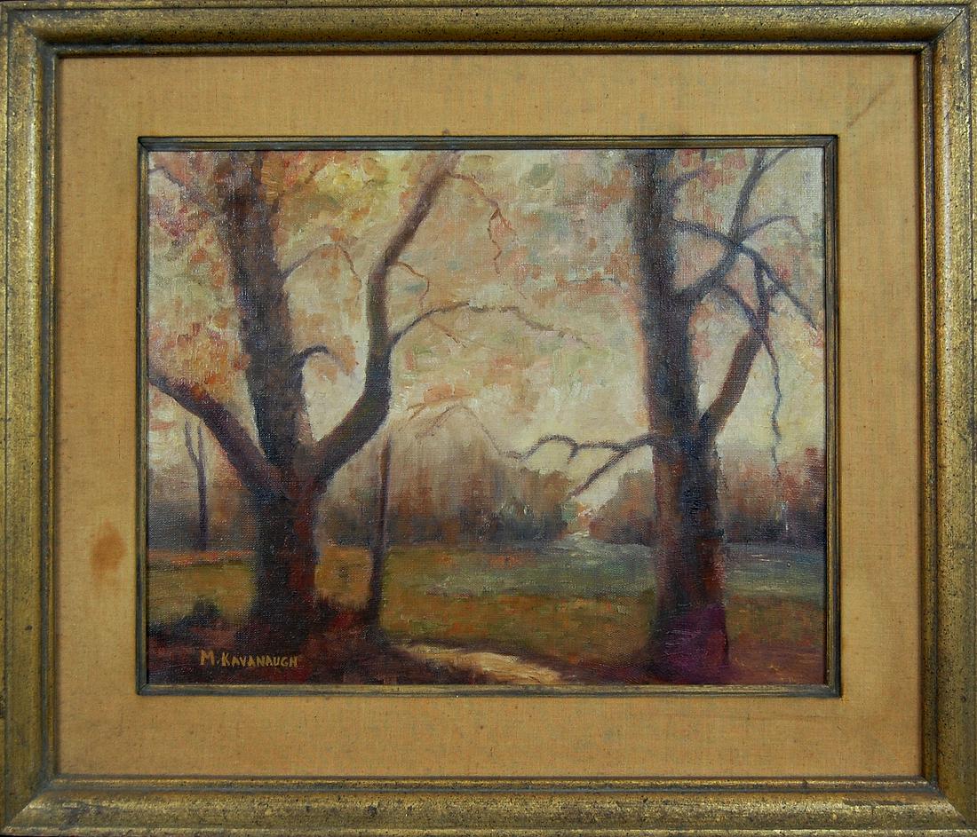 Kavanaugh Wachtel Marion (attrib.) (1876-1954), Forest: oil on linen, 16" x 20" ; 23.5 x 27.5 in; 1948, Birth place: Milwaukee, WI Death place: Pasadena, CA Addresses: Pasadena, CA Profession: Painter, teacher Studied: AIC with Vanderpoel; Wm. Chase, NYC; 