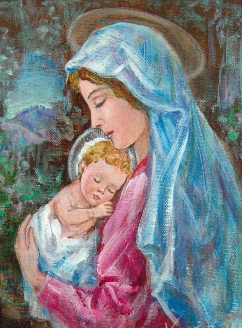 Epler Venetia (American 1926 - 2005); Madonna and Child: oil on canvas-board; 10 x 8 in framed: 15 x 13 in; goos condition. Venetia Epler works with her sister, Daphne Huntington. Together, the sisters studied painting at Slades, and stained glass at the Lo