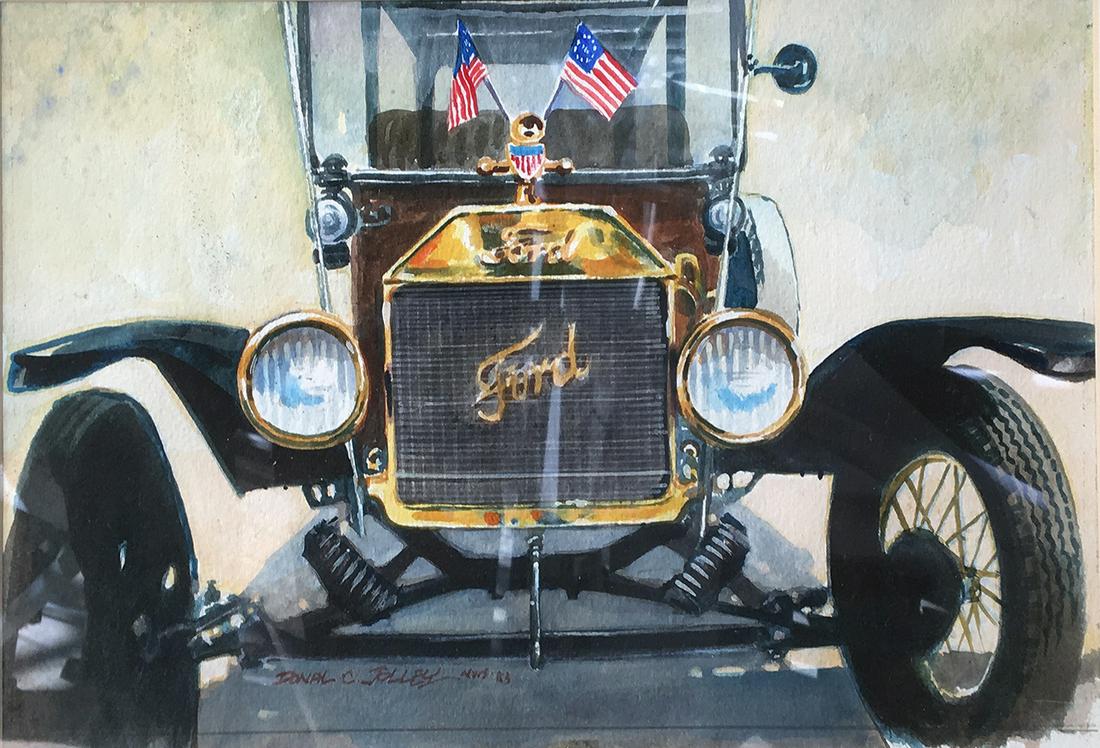 Jolley Donal C (American 1933-): "All American model T Ford", Watercolor, 7.5 x 11 in; framed: 13.5 x 16.5 in; good condition, Donal C. Jolley was born in Zion National Park, Utah. He has lived in Boulder City, and Carson City, Nevad