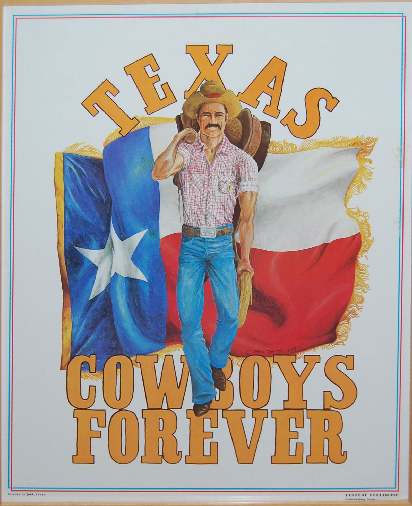 Smith S. (American 1918), Texas Cowboys Forever: Poster, 23 x 18.5 in, good condition, Studied: Randall Davey, Jack Levine, Ben Turner & Carl von Hassler. Exhibited: Corcoran Gallery, 1948 (solo); Santa Fe (NM) MFA, 1949; Botts Mus. Art, Albuquerque