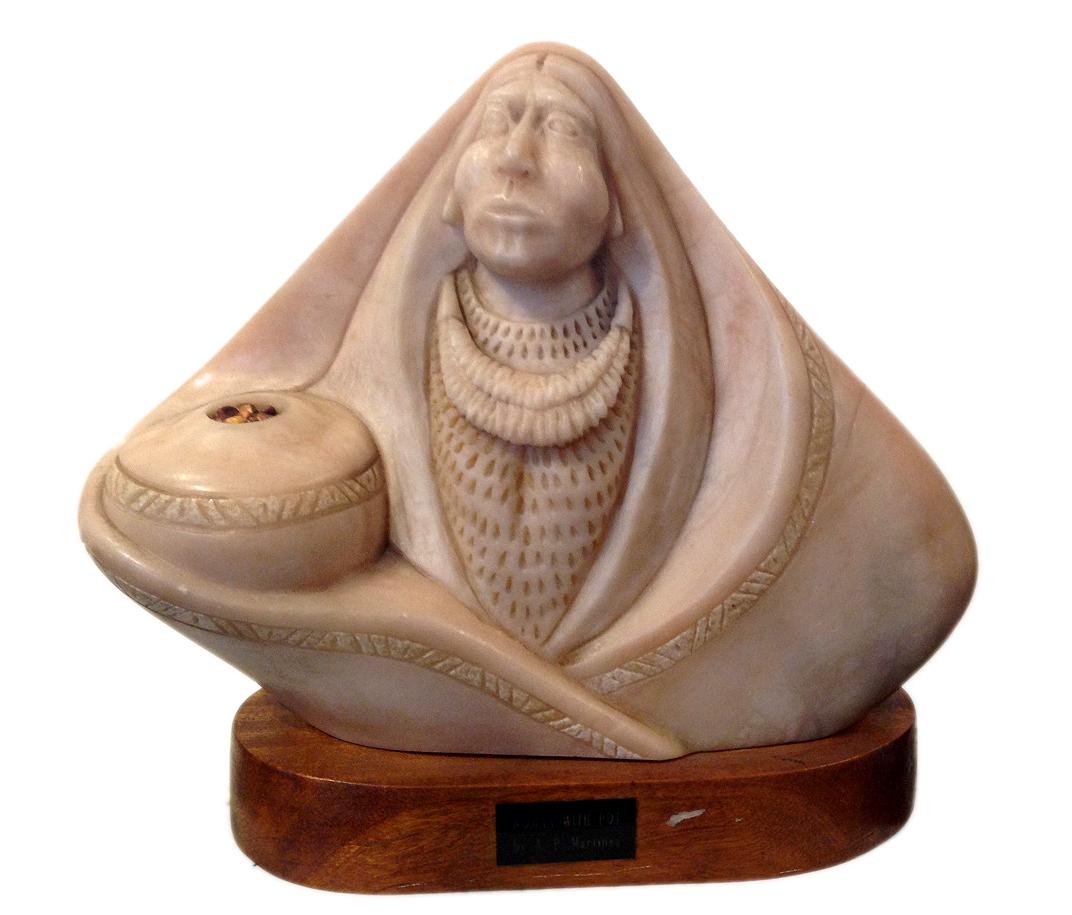 Martinez A. P, Woman with a pot: alabaster, corn and wooden base, 12 h x 14 in, good condition, A.P Martinez is a Native American artist whose work is part of the Smithsonian American Art Museum's Inventories