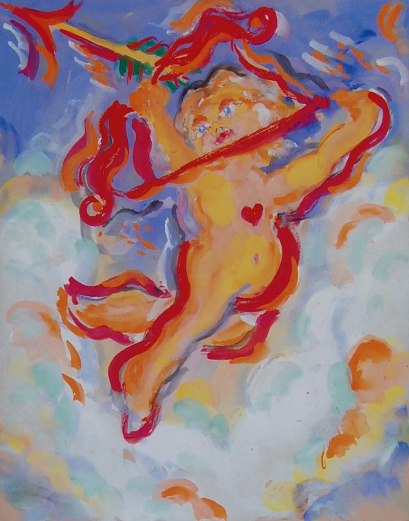 Brown James Paul (American 20thc), Cupid takes Aim: Giclee Print 7/50, 19 x 13 matted: 27.5 x 24.5 in, signed by the artist, good condition, Selected Exhibitions 1990-2010 Bunkamura Gallery, Tokyo, Japan Ross Watkins Gallery, Palm Desert, CA Gallery Ro