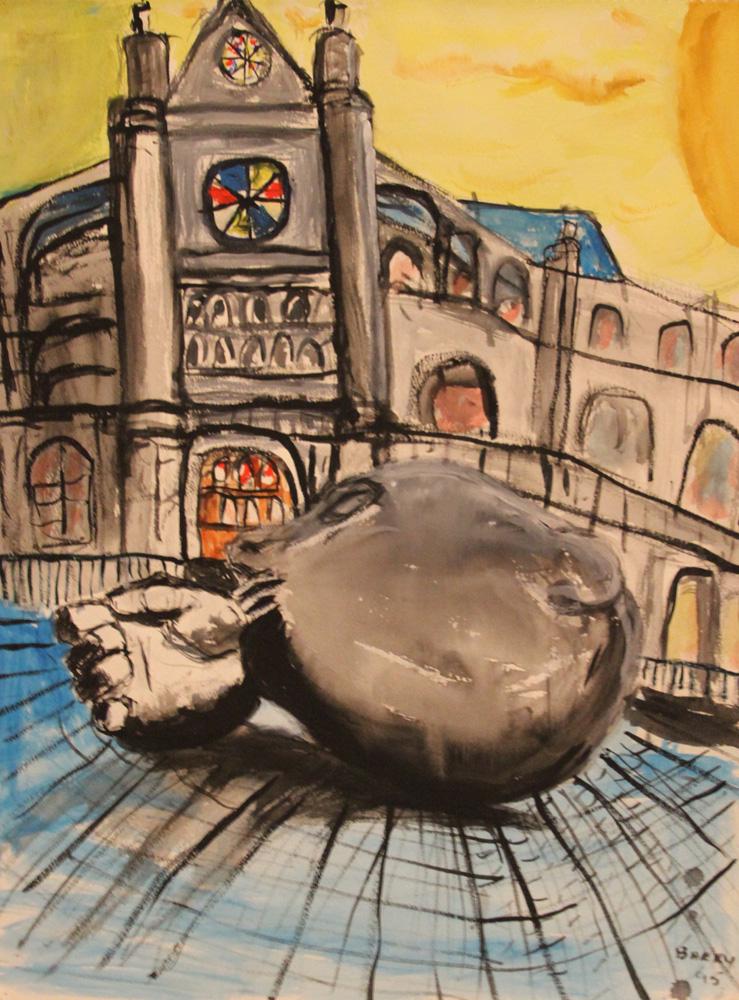 Barry -, Paris Place Saint Eustache: ink on paper, 23.75 x 16 in, 1993, fair to good condition