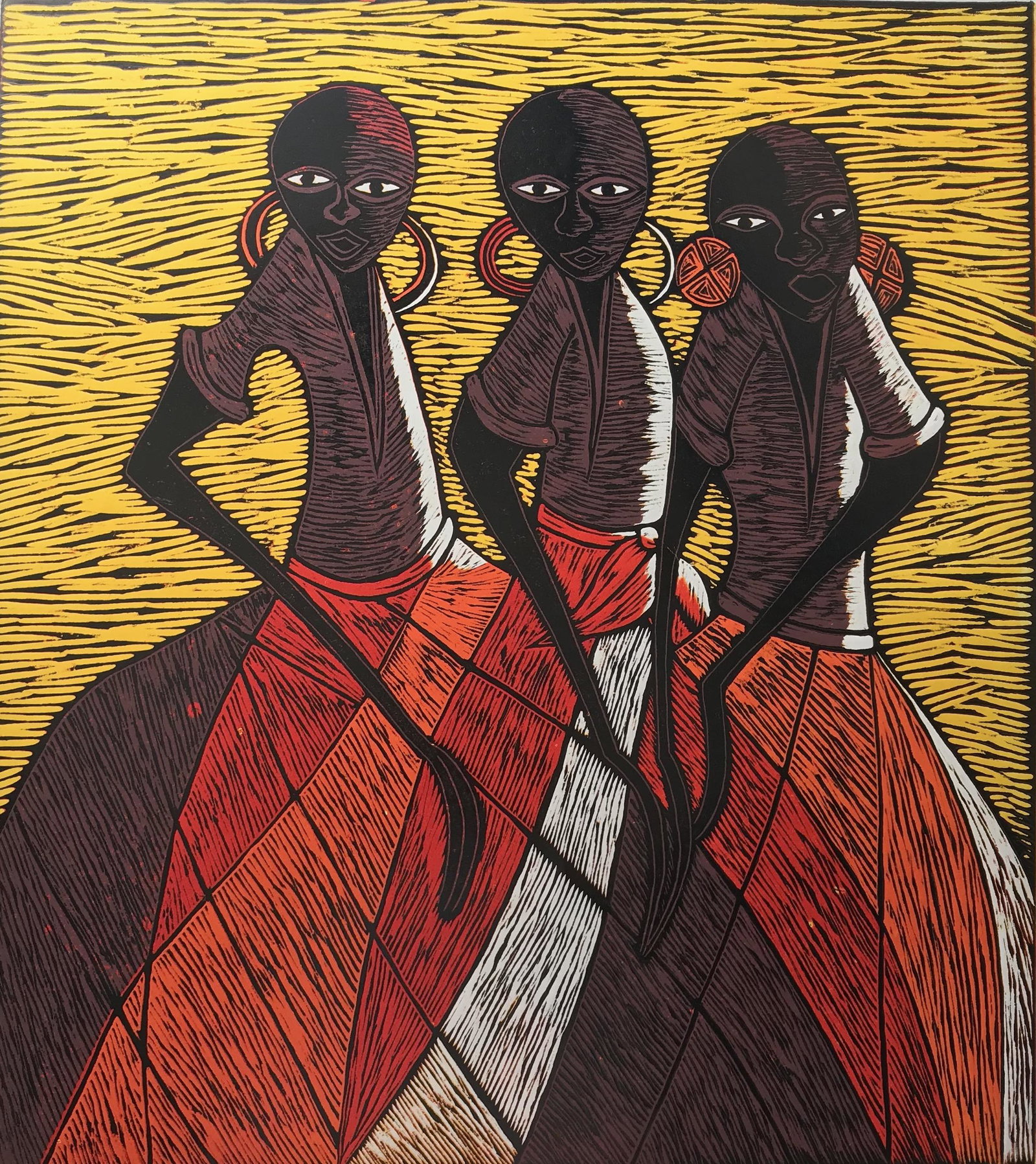 Isaac Sithole (South African 1974 - 2012), African: woodcut print, 22 x 24.5 in; frame: 26 x 29.5 in; 2009, edition 10/10, good condition Born and raised in Maputo, Mocambique, Isaac was introduced to the traditional technique of woodcarving by friends