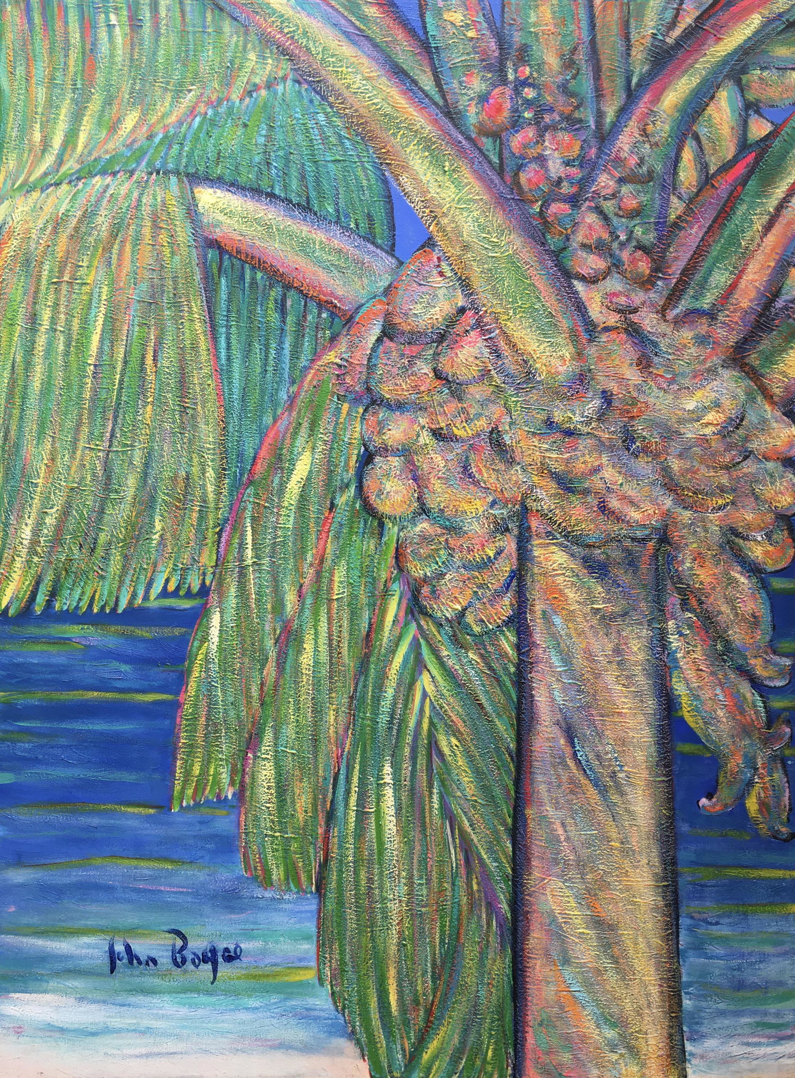 John Boyce - Coconut palm (Tahiti): acrylic on canvas, 36 x 40 in, 2001, signed, good condition. John Boyce is a Los Angeles artist who, after 33 years of developing his own unique expression, has received national and international rec