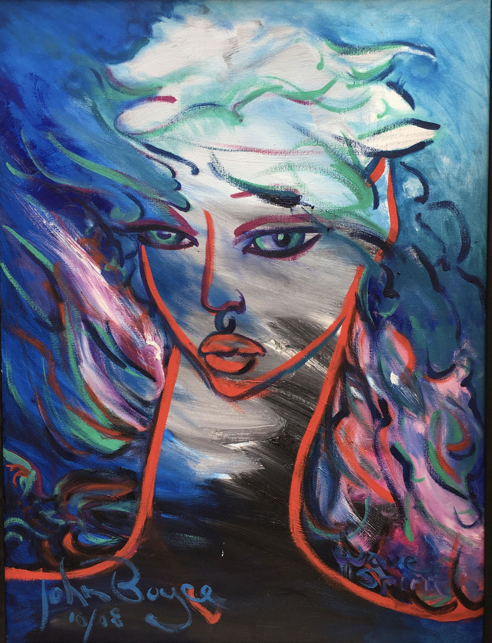 John Boyce - Wave spirit: acrylic on canvas, 39.5 x 29.5 in, framed 41 1/4 x 31 1/4 in, 2008, signed, good condition. John Boyce is a Los Angeles artist who, after 33 years of developing his own unique expression, has received