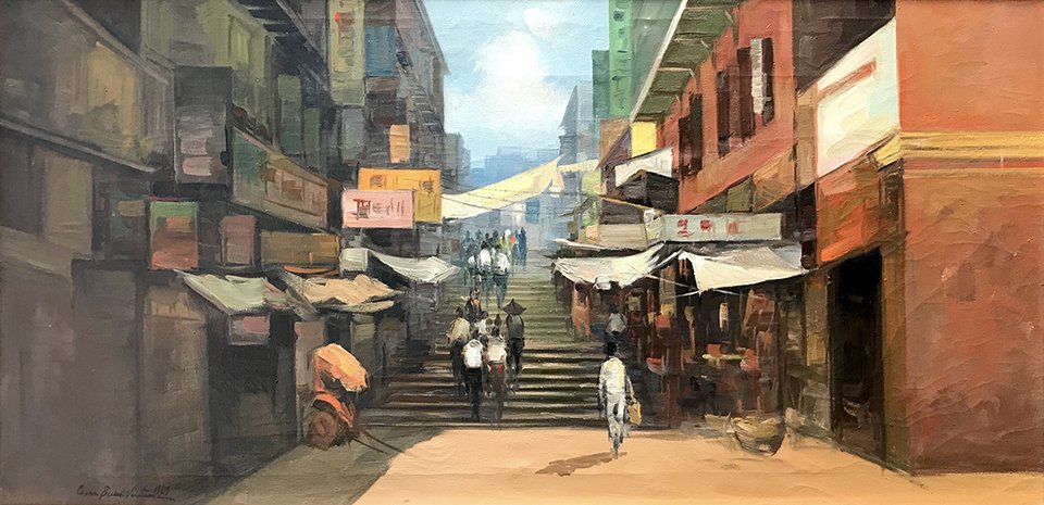Cesar Buenaventura (Phillipino/American 1919 - 1983): Korea Town, oil on canvas, 24 x 48 in; framed: 29.25 x 53.25 in;very light craquelure, otherwise good, date 1969,Cesar Buenaventura (1919-1983) was born in Trozo Tondo in the Philippines, in 1919. He 